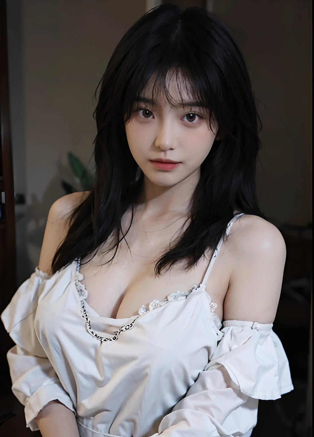 best qualtiy,tmasterpiece,超高分辨率,(realisticlying:1.4),1girll,Raised sexy,voluminous hair,Delicate face,Vivid,Real girls,largeaperture,Wear a white bra,macro shot,plump,slightly fat big breasts,Very plump,sexy for,Looking at you,good eyes looking,Sexy figure,age 22