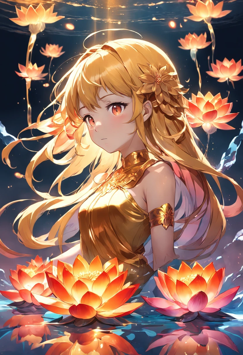 Enlightened mind, Red tones from orange to gold. About the rainbow color lotus flower, And float on transparency, Transparent water, Gold gradient background with light transparency. Golden energy flowed out of the flower core.