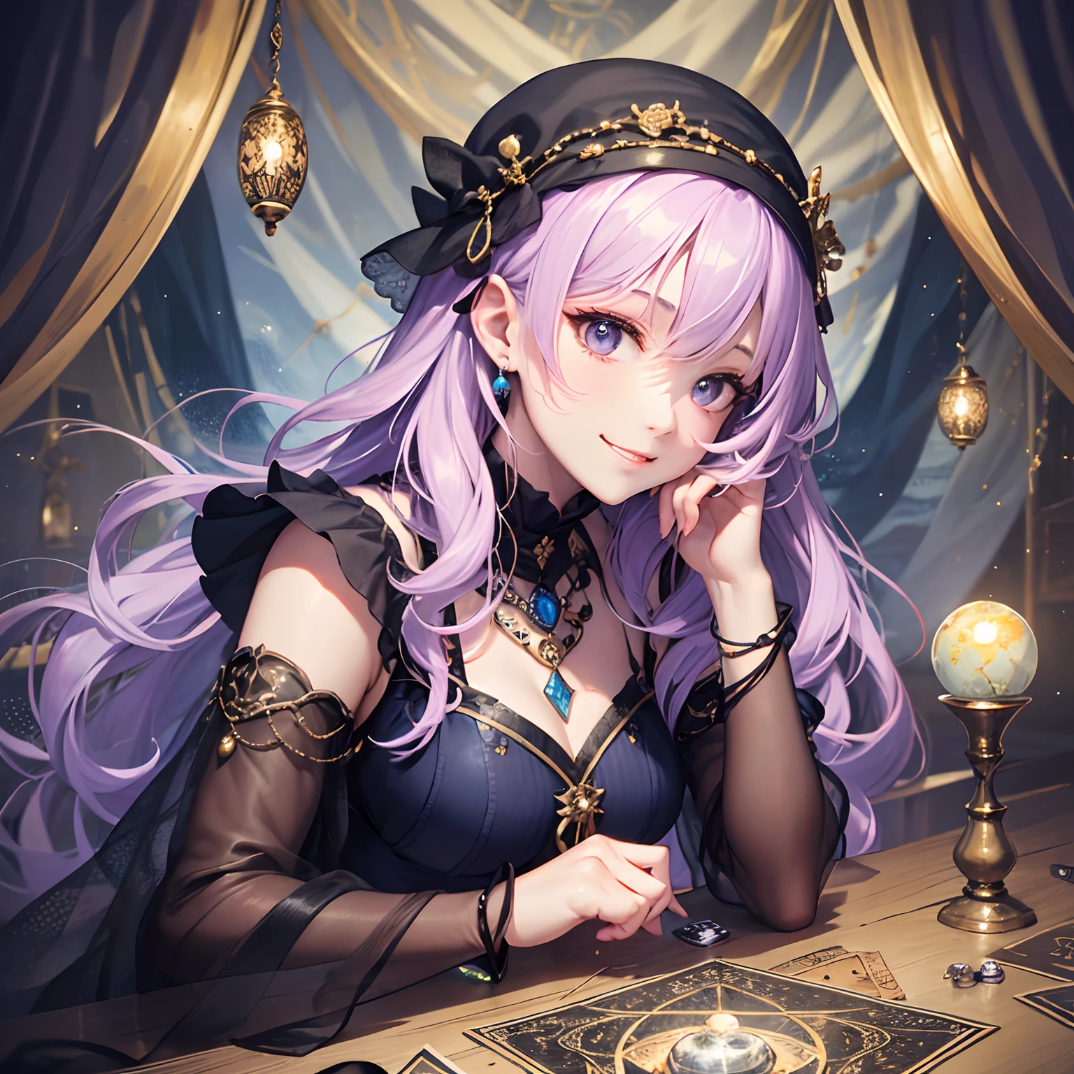 (masterpiece, top quality, highest quality, official art, beautiful and aesthetic: 1.2), (1 girl: 1.3), wavy long hair, lilac hair, very detailed, portrait, look at the viewer, solo, (full body: 0.6), detailed background, close-up, glowing eyes, (cold arctic winter theme: 1.1), fortuneteller, charlatan, grinning, mysterious, sitting at the table, Colorful shoulderless loose gypsy fortune teller clothes, chalice, tarot cards, crystal balls, medieval (tent interior: 1.1) background, tent curtains on background, dark mystical lighting, shadows, magical atmosphere, starry night, Dutch angle, healing and guidance,wakawe,wakame,wakame, wakame,wakame, wakame,wakame, wakame,wakame, wakame,wakame,