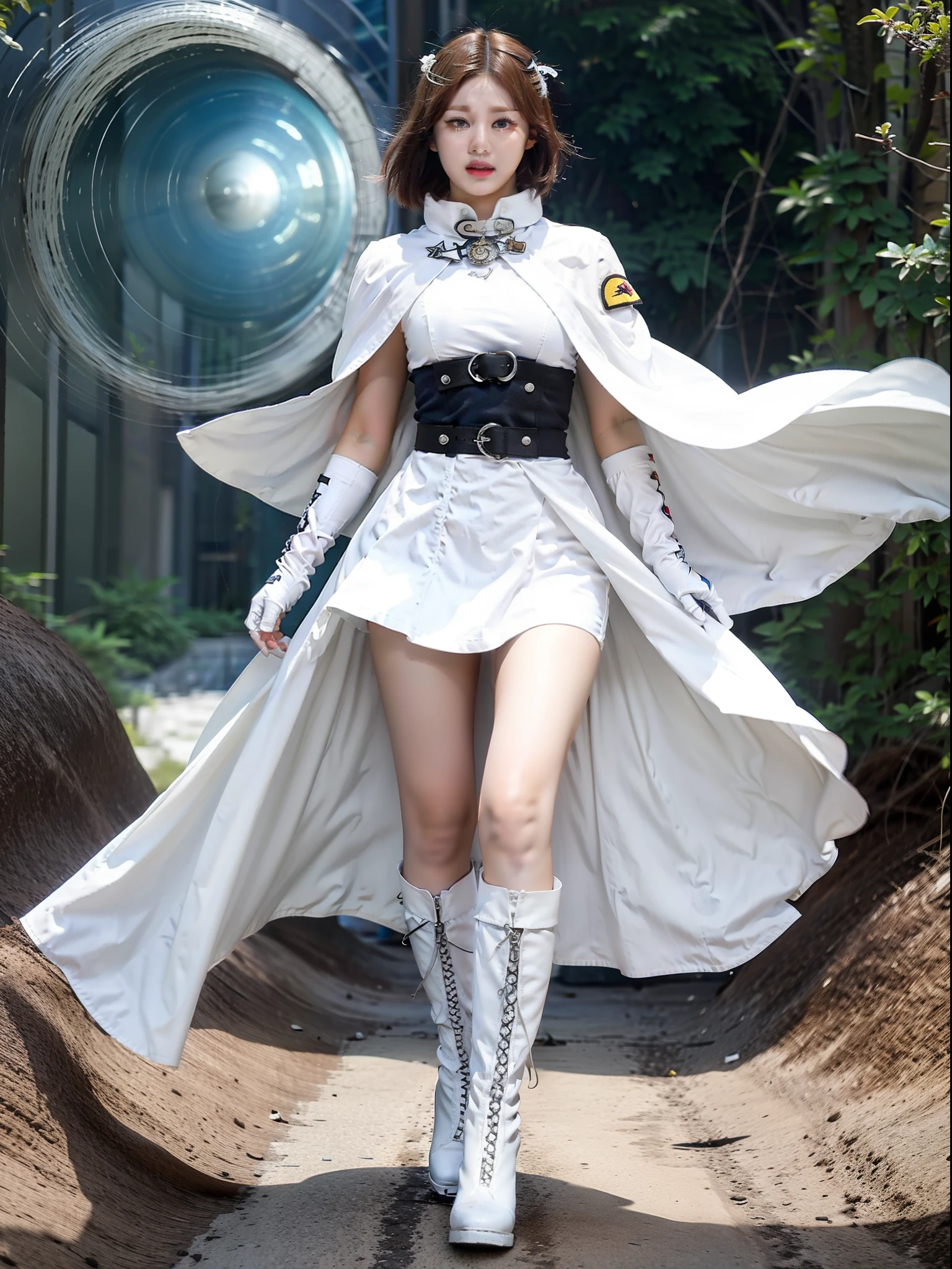 Nature Guardian Typhoon woman wearing typhoon symbol uniform，White cloak, Long white gloves on his hands, Wear white knee-length boots on her feet, Stand in the middle of a typhoon，Release energy to photograph the whole body