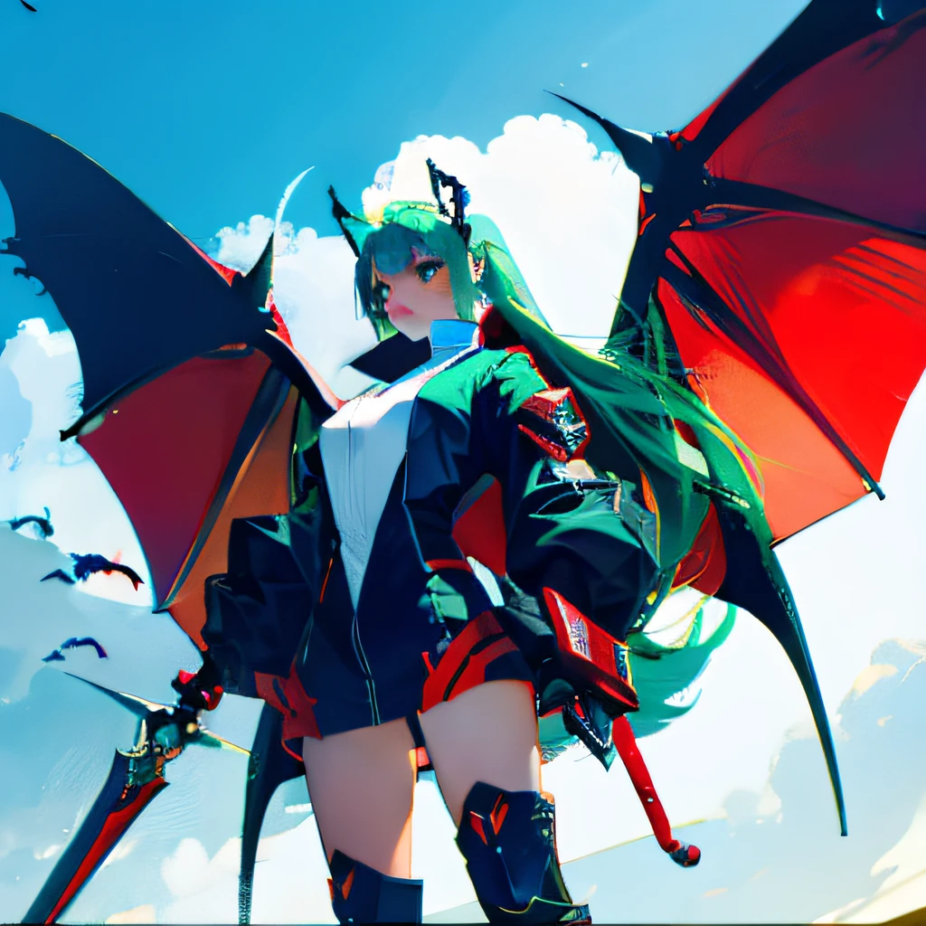 mechs,Obscene lines,Bigchest,succubi,Green hair,ultraclear,Raised sexy,Red eyes,mechanical leg,Bat wings,Five fingers,