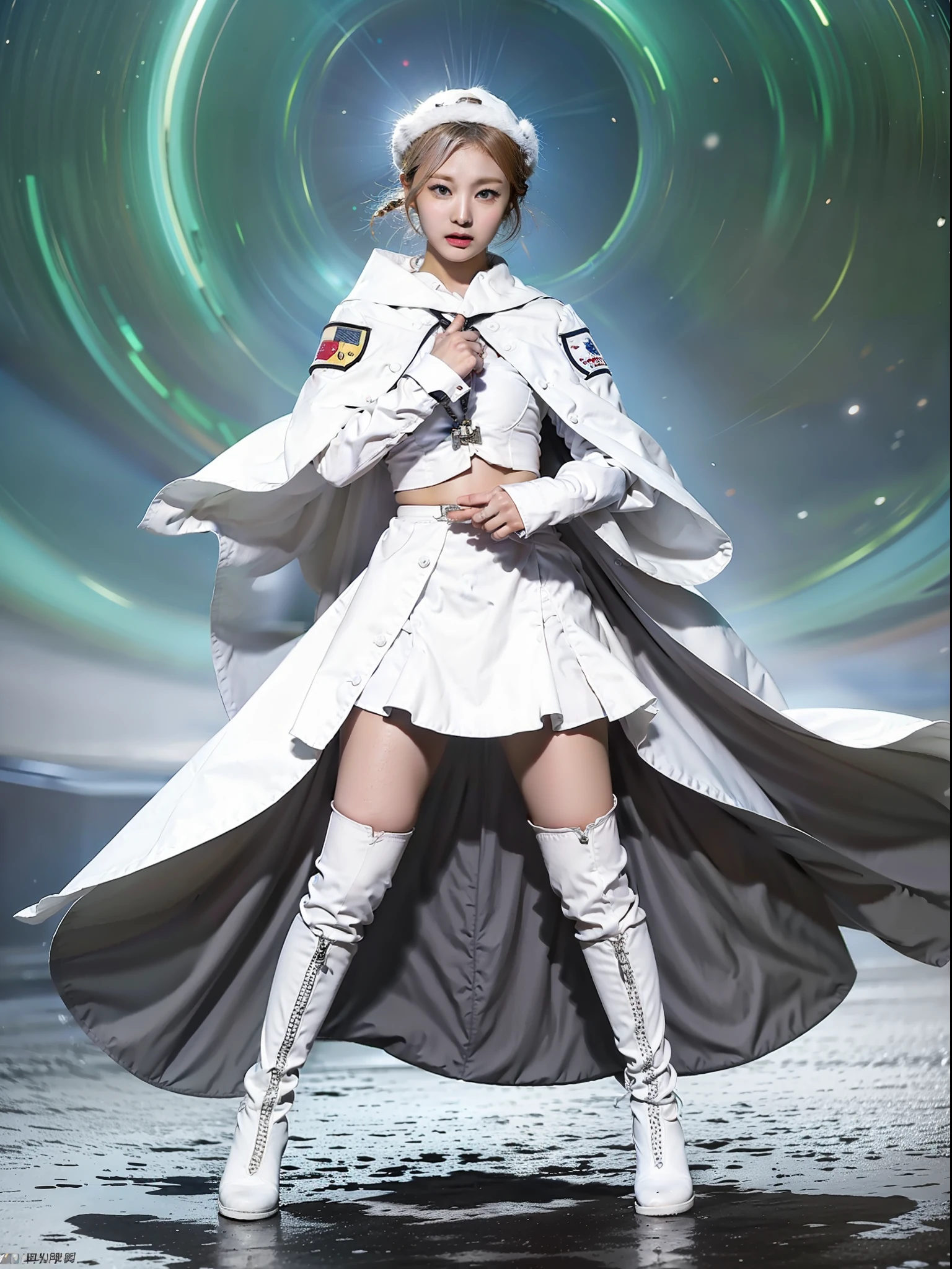 Nature Guardian Typhoon woman wearing typhoon symbol uniform，White cloak, Long white gloves on his hands, Wear white knee-length boots on her feet, Stand in the middle of a typhoon，Release energy to photograph the whole body