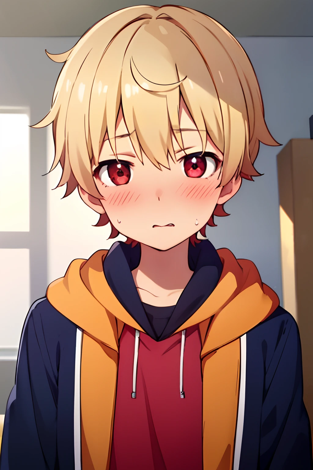 masterpiece, best quality, high quality, 1boy, solo, male focus, looking at viewer, upper body, subaru_uchimaki, blonde hair, red eyes, jacket Blue, look sideways, Blushing..