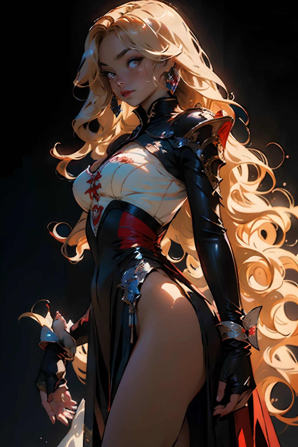 a beautiful woman with absurdly long blonde hair, (red eyes: 1.5), big breast, red lipstick, wearing a rococo dress with a red corset with black lace, a wide red skirt with lots of black lace and ruby inserts, ong and thin black winter cape with fleece, elbow black gloves, royalty, red and translucent butterflies around, an anime drawing inspired by Yanjun Cheng, Pisif, Fantasy art, blonde flowing hair, Long curly blobde hair, Guviz, a beautiful anime portrait, Guviz-style artwork, in the art style of bowater, Anime girl with long hair, blonde wavy hair, Beautiful anime style