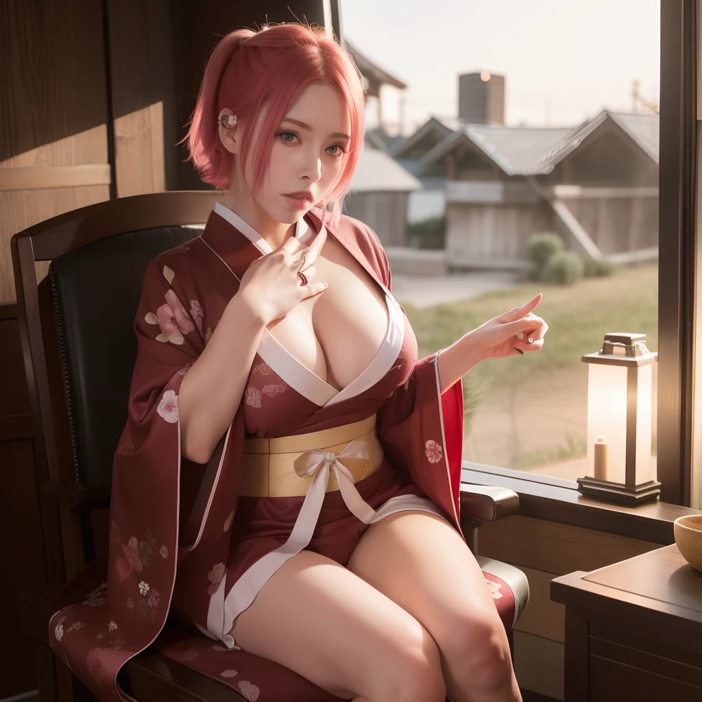 Sakura uchiha. A woman sitting in ruftop at night in the country. He was seen sitting in a chair. He wore a red kimono with white stripes. With the colored gold girdle over her shirt revealing her big, round breasts. The open underside also showed her smooth, white thighs. Her right hand was seen holding the neck. She had short pink hair that wasn't covered in knots. Her skin was so pale white her cheeks were blushing red and her tiny red lips were tantous. He seemed to glance at the camera. With his head slightly tilted because his hands seemed to scratch his neck. Looking so hot and realistic