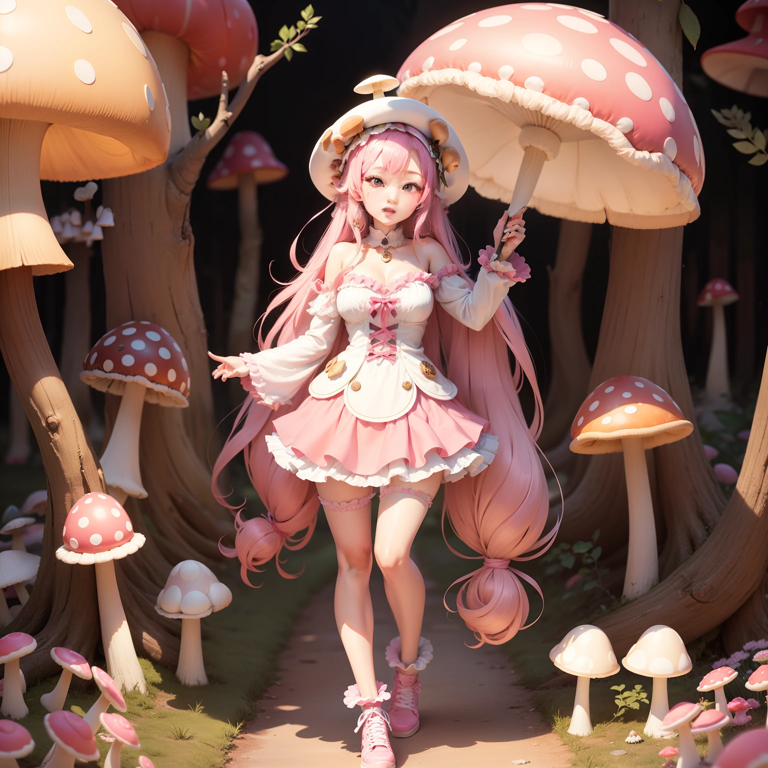 Female idol covered in mushrooms(Cute costumes、)、Looks fun、full body Esbian、Pop pink