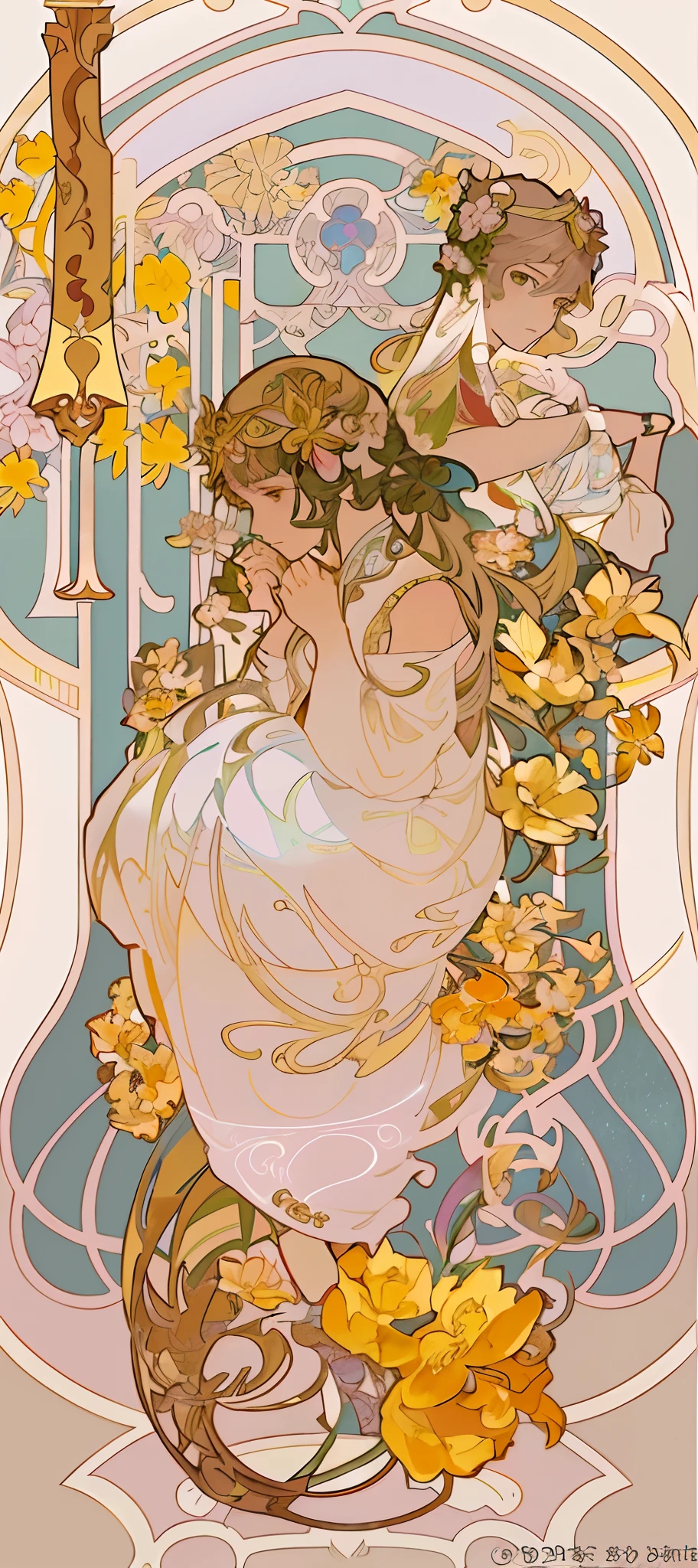 a painting of a woman sitting on a chair with flowers, anime art nouveau, alphonse mucha and rossdraws, alphonse mucha style, korean art nouveau anime, flat shading mucha, in style of alphonse mucha, demura and alphonse mucha, anime art nouveau cosmic display, inspired by Alfonse Mucha, mucha style, flat cel shading mucha