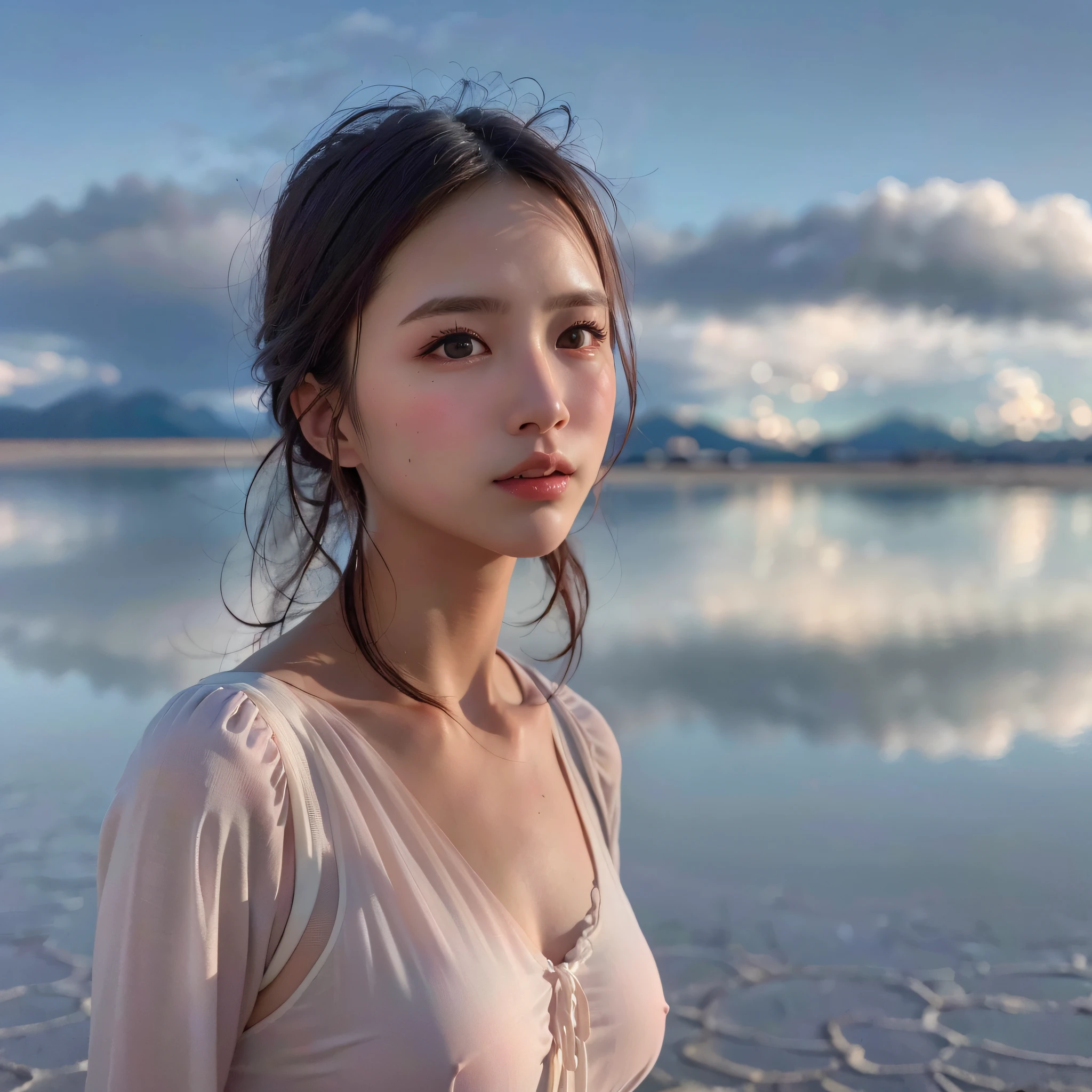(Salar de Uyuni:1.3), (Clear blue sky and clouds reflecting on the surface of the lake), (cowboy shot), (Walking), (Medium hair, black hair), best quality, masterpiece, ultra high res, (photorealistic:1.4), RAW photo, (1woman:1.3, solo), (asian girl, ultra delicate face, ultra Beautiful fece, ultra delicate eyes, ultra detailed nose, ultra detailed mouth, ultra detailed facial features), (Pink dress), (medium breasts:1.3), from the front side, shiny skin, Sony α7, 85mm Lens, f9.0