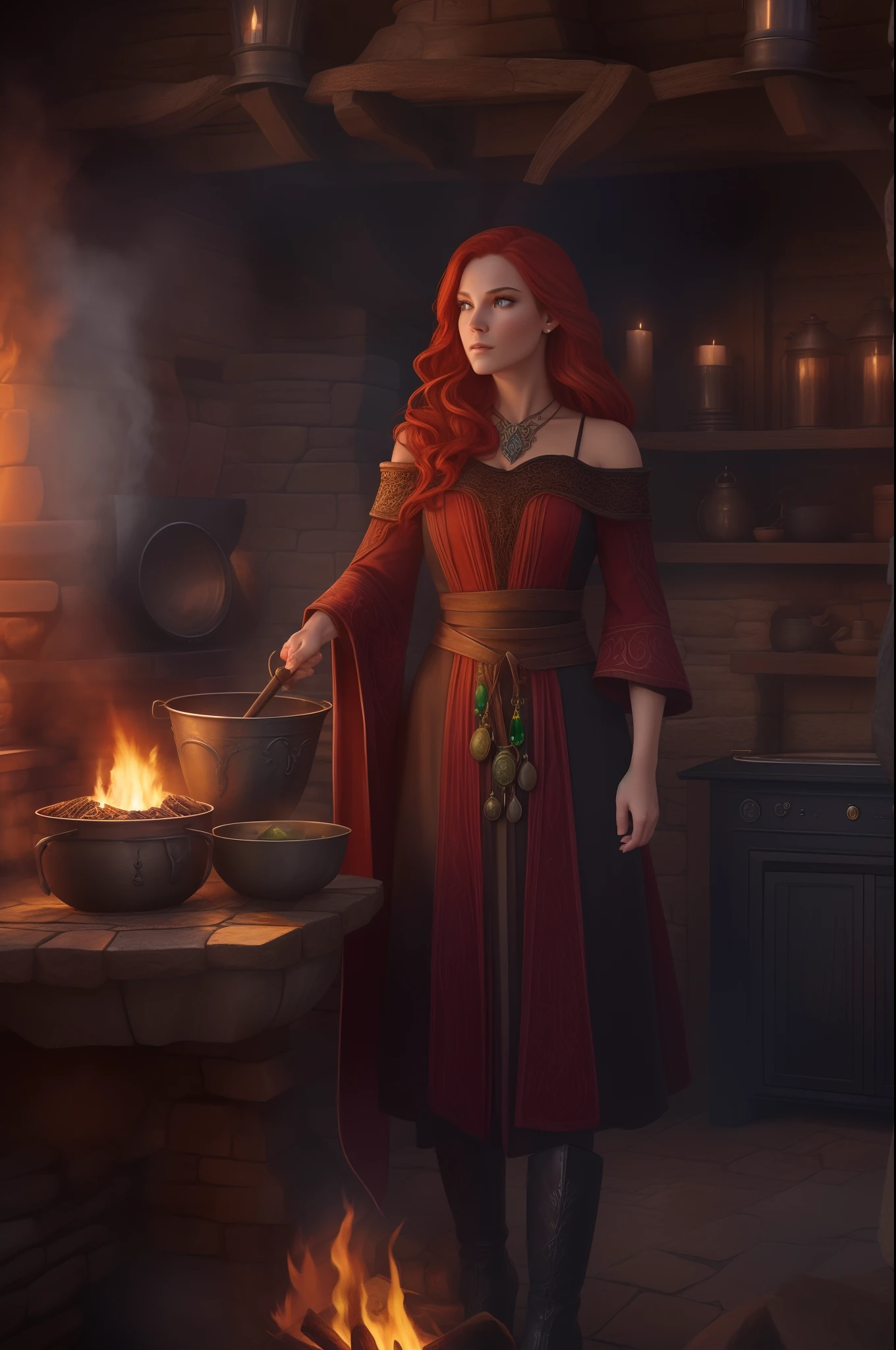 redhead Irish  girl with freckles ,  nipple chains,  big boobs, nice lips, harem pants, see through, lit by firelight, desert camp, clyde caldwell