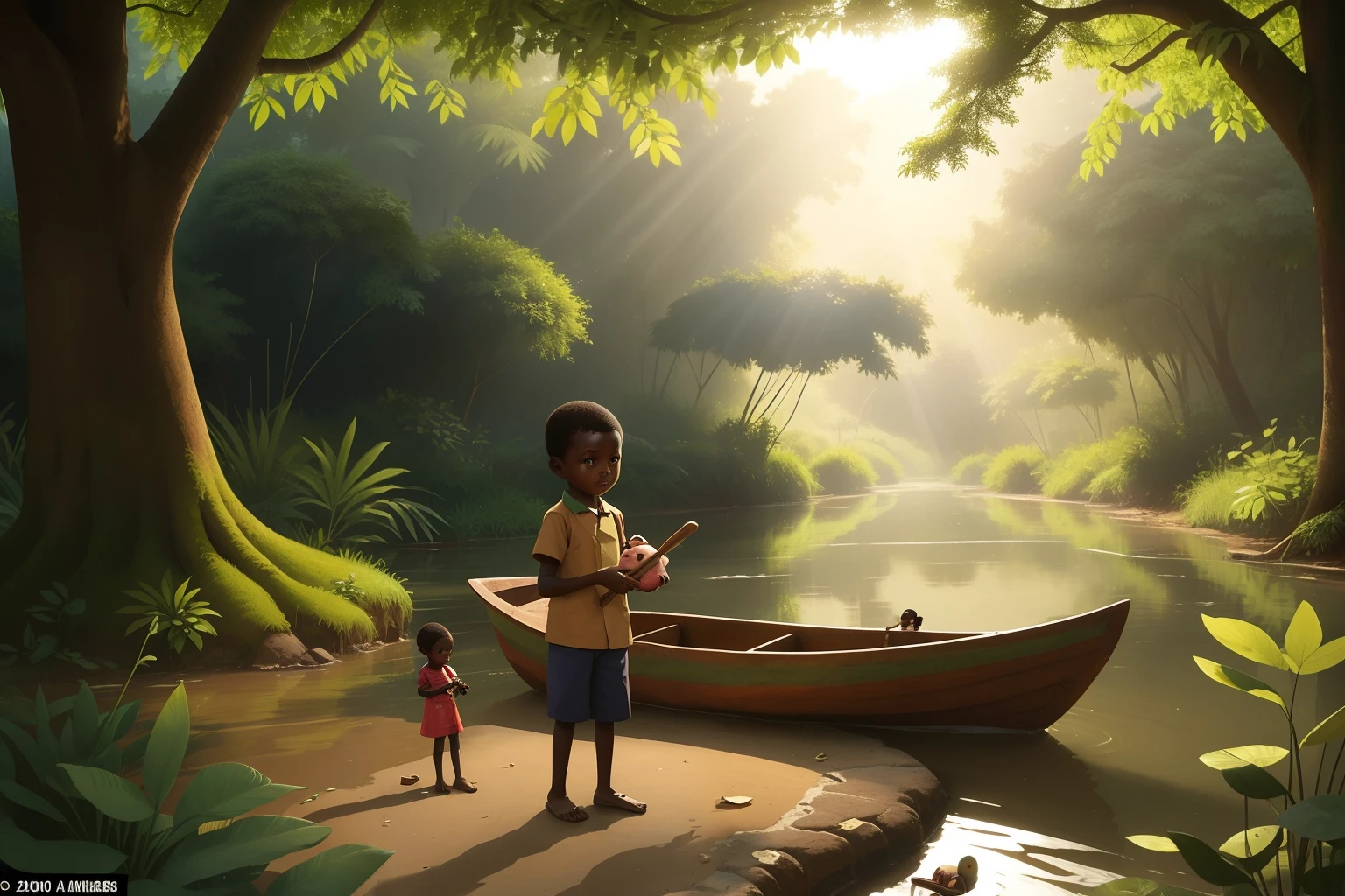 Date: 2005
Country: Democratic Republic of the Congo
Description: A child stands by the lush riverbank, holding a handcrafted toy boat, as sunlight filters through the trees, casting dappled shadows.