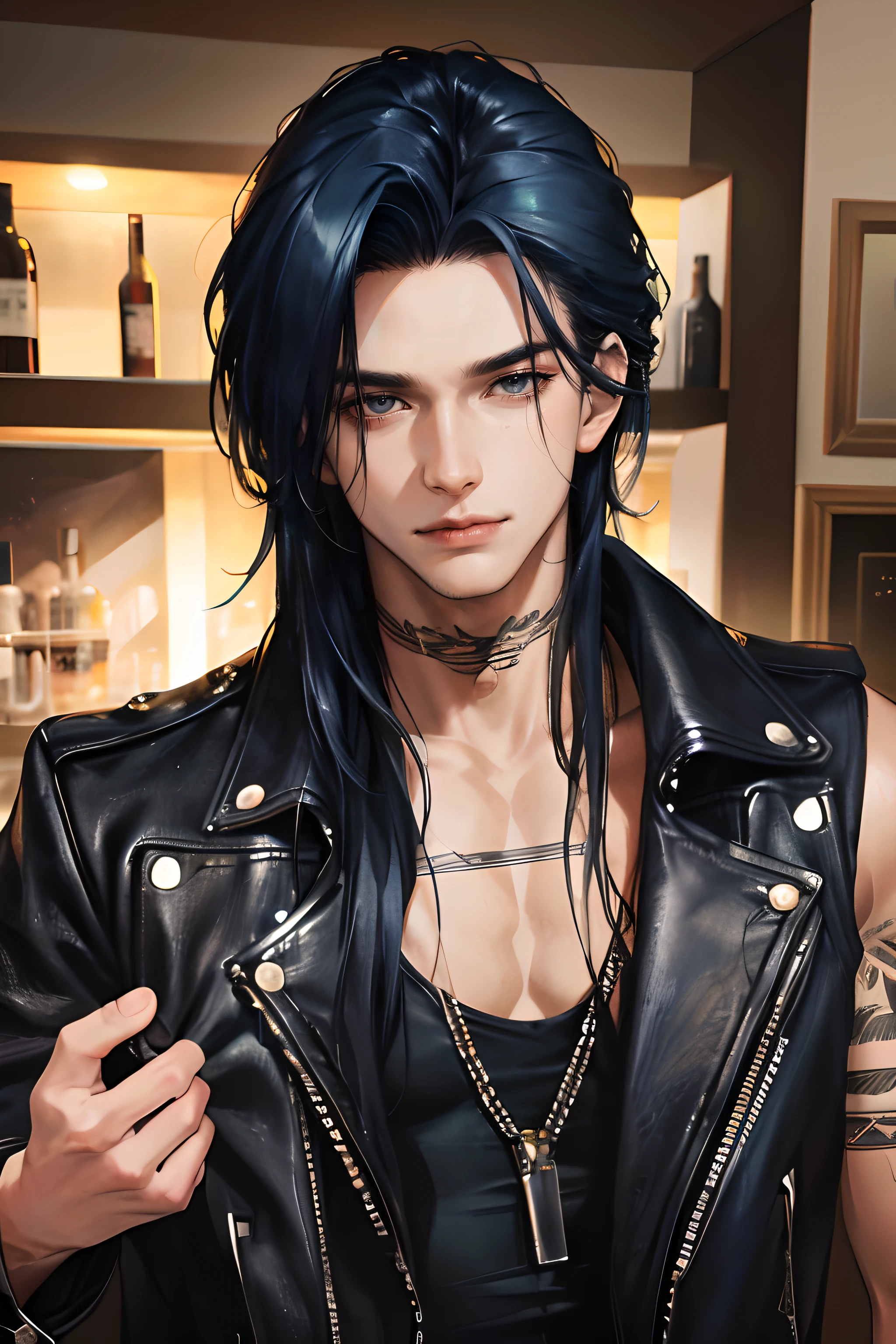 photography of a heavy metal star, a solo man, 25 years old, singer, bad boy, (black eyes), expressive look, long dark blue black hair, (bar on background), straight hair, blueshine hair, unshaven, black leather jacket, leather pants, chest tattoo, super detailed face, perfect body, perfect shapes, realistic image, award winning photography, 8k,