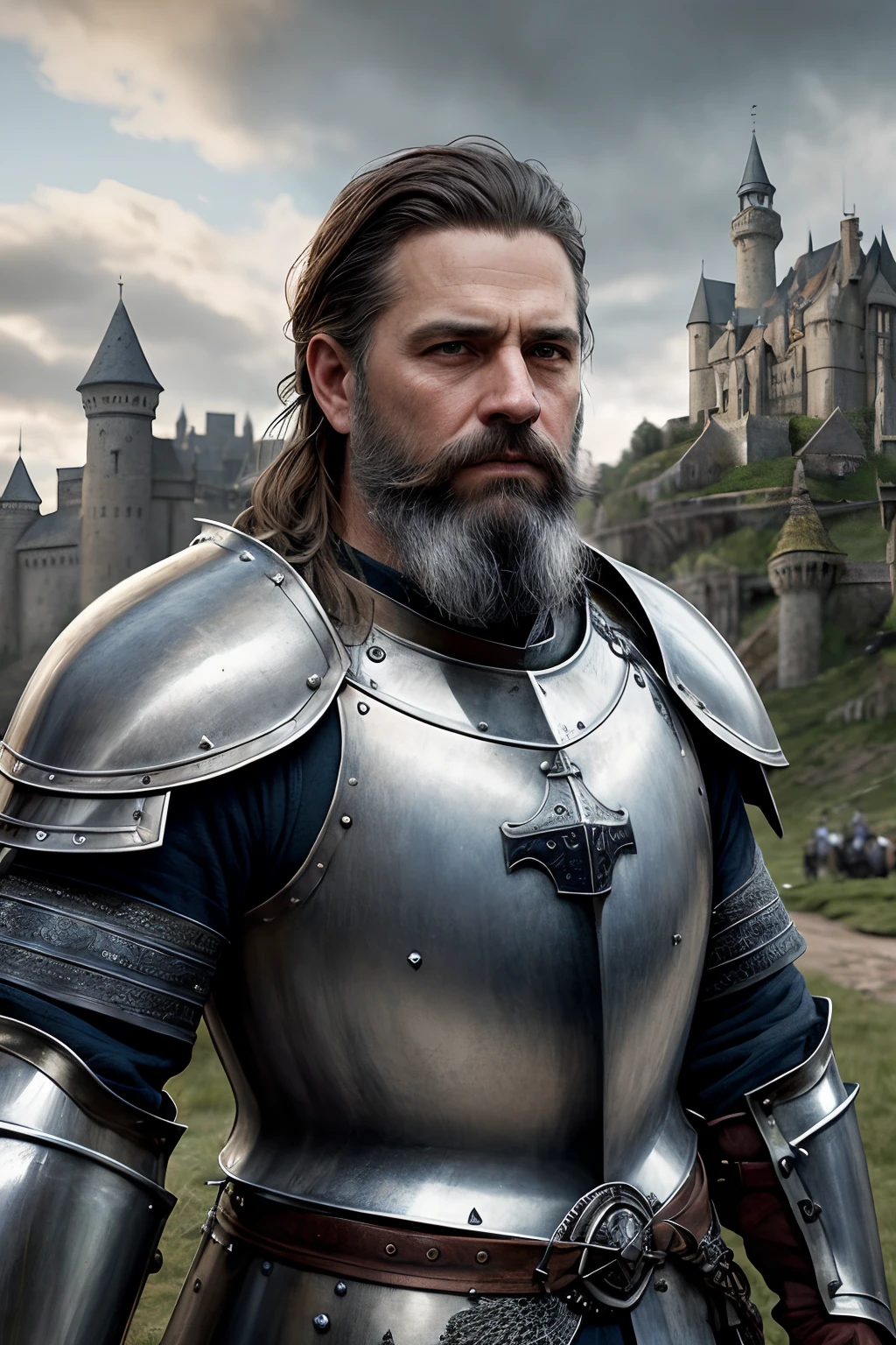 photorealistic, top quality, masterpiece, cinematic composition, slow motion, (medium shot of a medieval knight, sombre and weathered face, beard, grey hair:1.2), chain mail and plate armour, (realistic and detailed|intricate armour:1.1), (visible face:1.3), (photorealistic physiognomy|eyes|iris|skin|musculature, detailed skin, skin texture, natural skin), (holding a sword in his hand:1. 2), frontal perspective, imposing and determined pose, looking forward with determination, skin imperfections, natural skin wrinkles, natural skin spots, highly detailed clothes, abundant details, intricate details, realistic wrinkles in clothing, medieval fantasy landscape, cloudy sky, castle in the background in the distance, radiant lighting, deep shadows, dramatic scene, dark and cool colour palette, blue and grey tones, No other characters in the scene, abundant detail|intricate, detailed landscape, volumetric lighting, (detailed lighting), (detailed light reflections on armour:1. 1), 8k, highly detailed, UHD, HDR, photorealistic facial expression|hairstyle