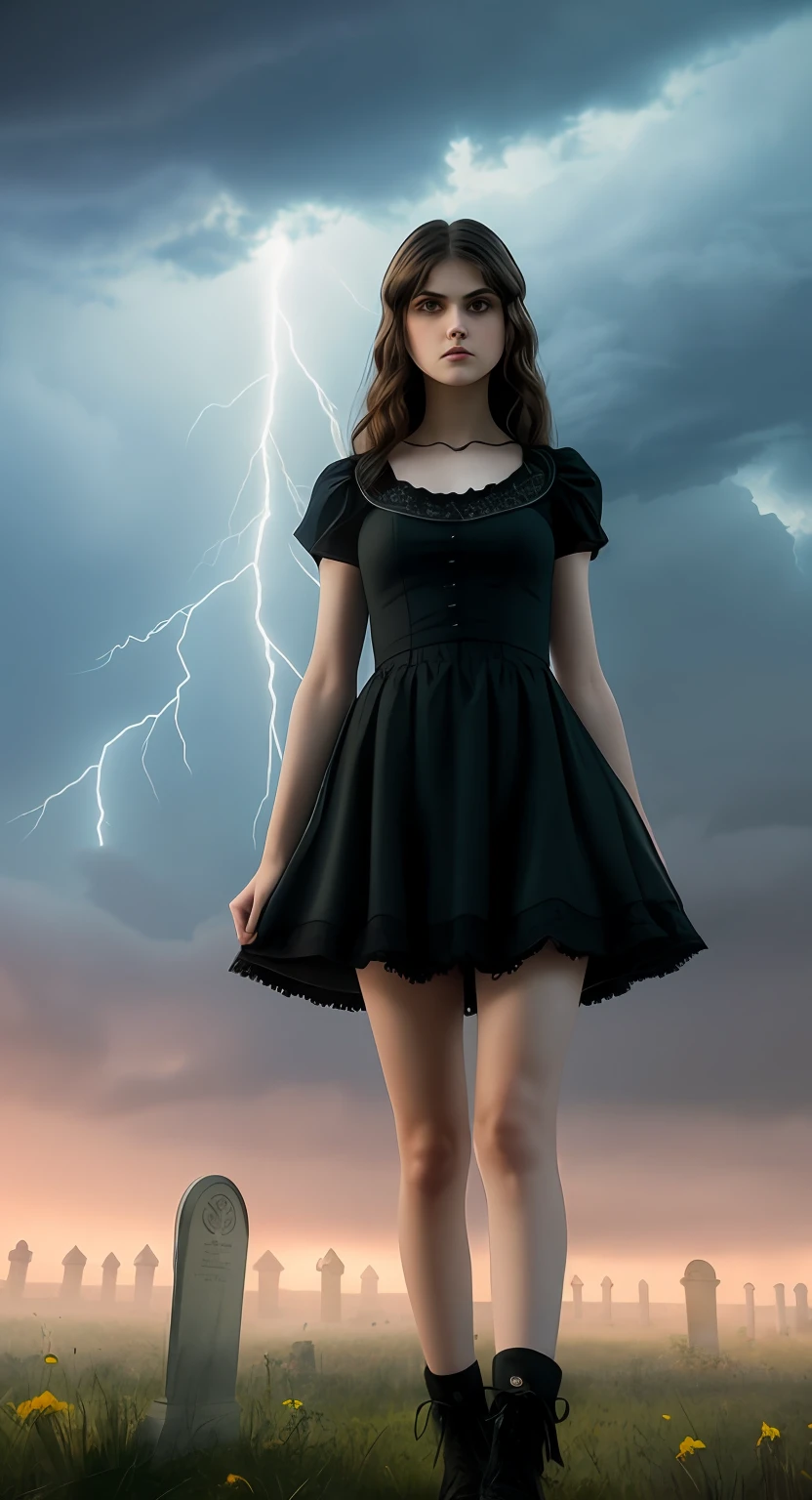 photo of preteen fairy goth Alexandra Daddario in a graveyard at night, short skirt, lace top , full body, sky full of clouds, lightning in the clouds of the explosion, sadness, petite, Russian face, perfect body, small boobs, preteen, beautiful face, majestic, beautiful, goddess, incredible, fear expression on her face, long hair, storm, Complex position, big sky, realistic, detailed, masterpiece, extra film grain, professional lighting, professional photography, neutral colors, muted colors, natural lights, photo realistic, good composition, 4k, high definition, art by stanley kubrick