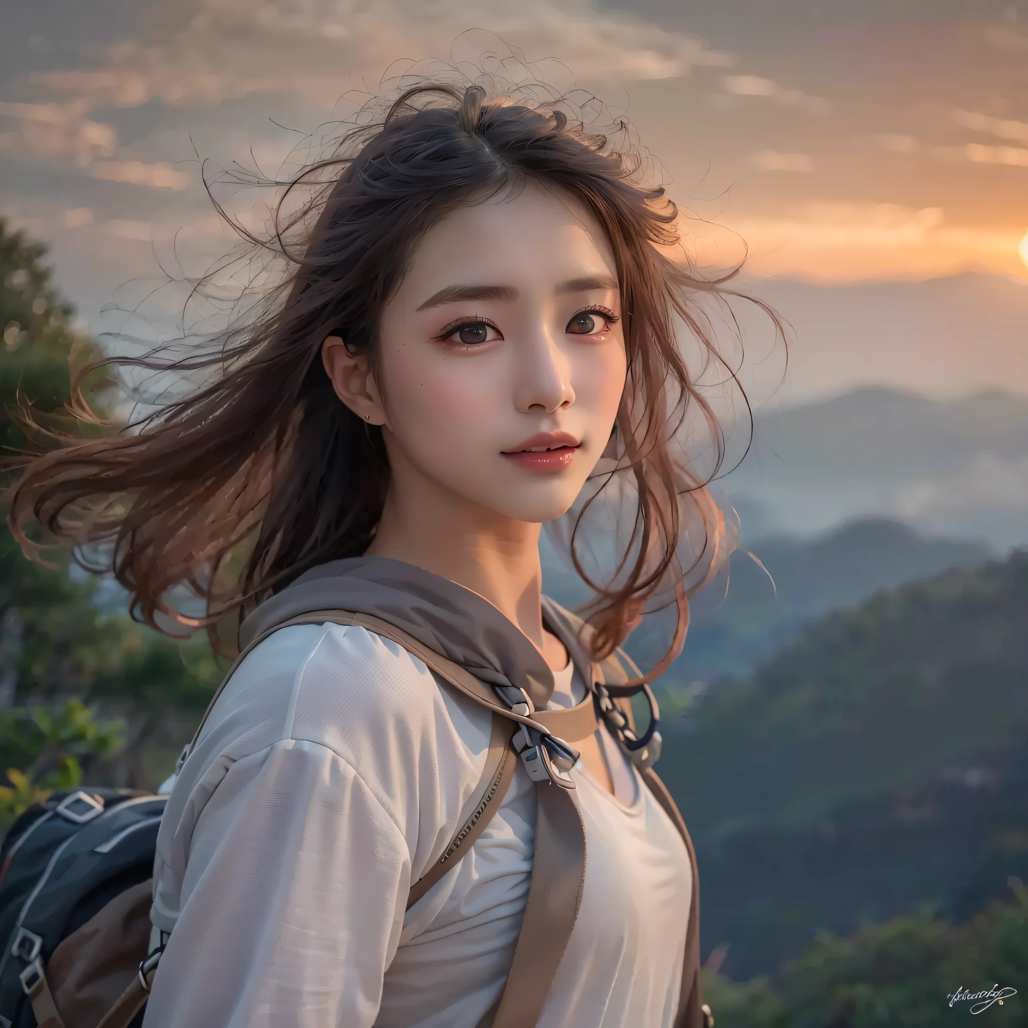 best quality, masterpiece, ultra high res, (photorealistic:1.1), RAW photo, (Naturescape photography), (Magnificent mountain, sea of clouds), (On a very high mountain peak), (Fantastical, sunset),
(1girl), (cowboy shot), (25 year old), (Shy smile), (shiny skin),
break, (white t-shirts), (Trekking shorts), (backpack),
(ultra delicate face), (ultra Beautiful fece), (ultra delicate eyes), (ultra detailed nose), (ultra detailed mouth), (ultra detailed arms), (ultra detailed body),
Sony α7, 85mm Lens, f9.0