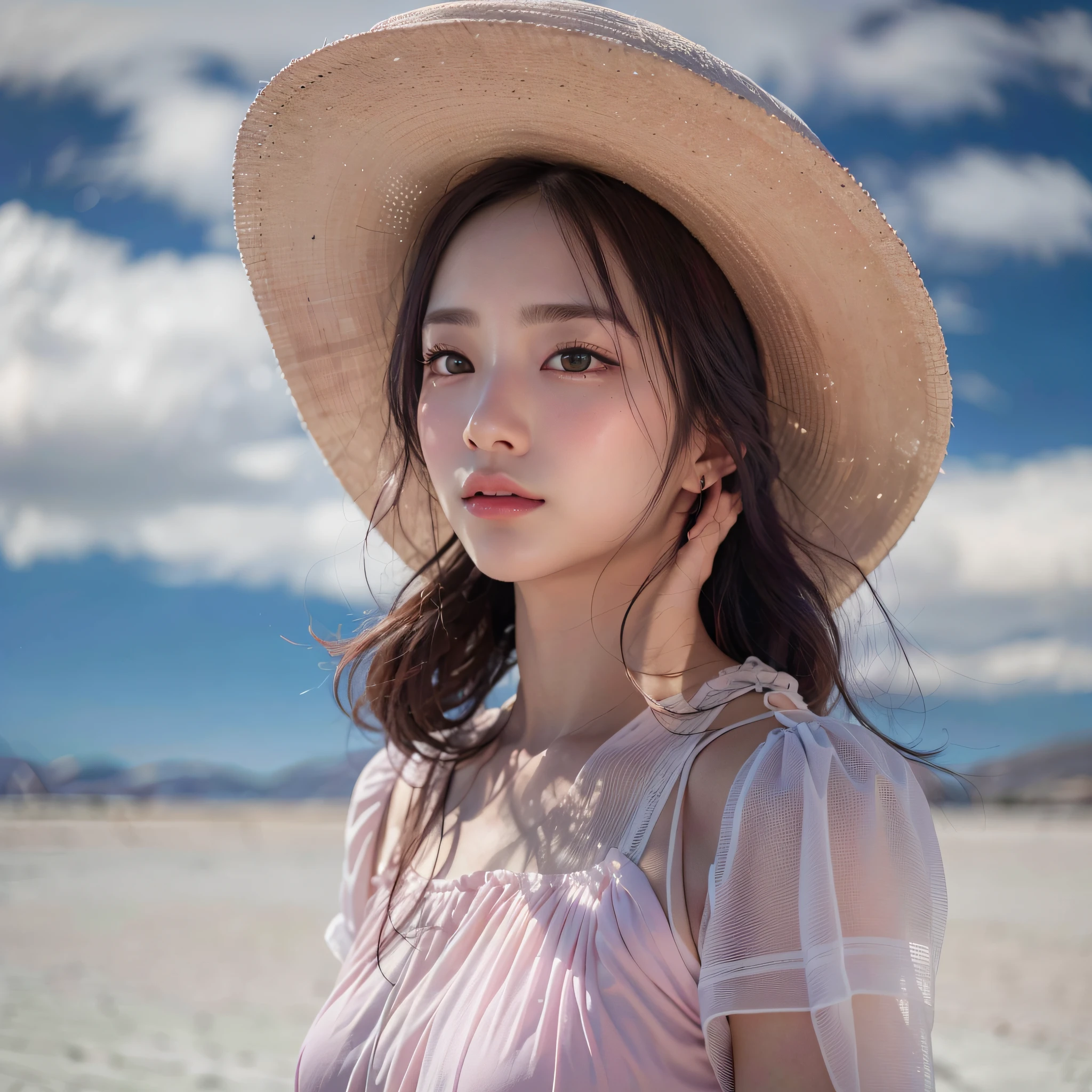 (Salar de Uyuni:1.3), (Clear blue sky and clouds reflecting on the surface of the lake), (cowboy shot), (Walking), (Medium hair, black hair), best quality, masterpiece, ultra high res, (photorealistic:1.4), RAW photo, (1woman:1.3, solo), (beautiful countenance), (asian girl, ultra delicate face, ultra Beautiful fece, ultra delicate eyes, ultra detailed nose, ultra detailed mouth, ultra detailed facial features), (Pink dress), (medium breasts:1.3), from the front side, shiny skin, Sony α7, 85mm Lens, f9.0