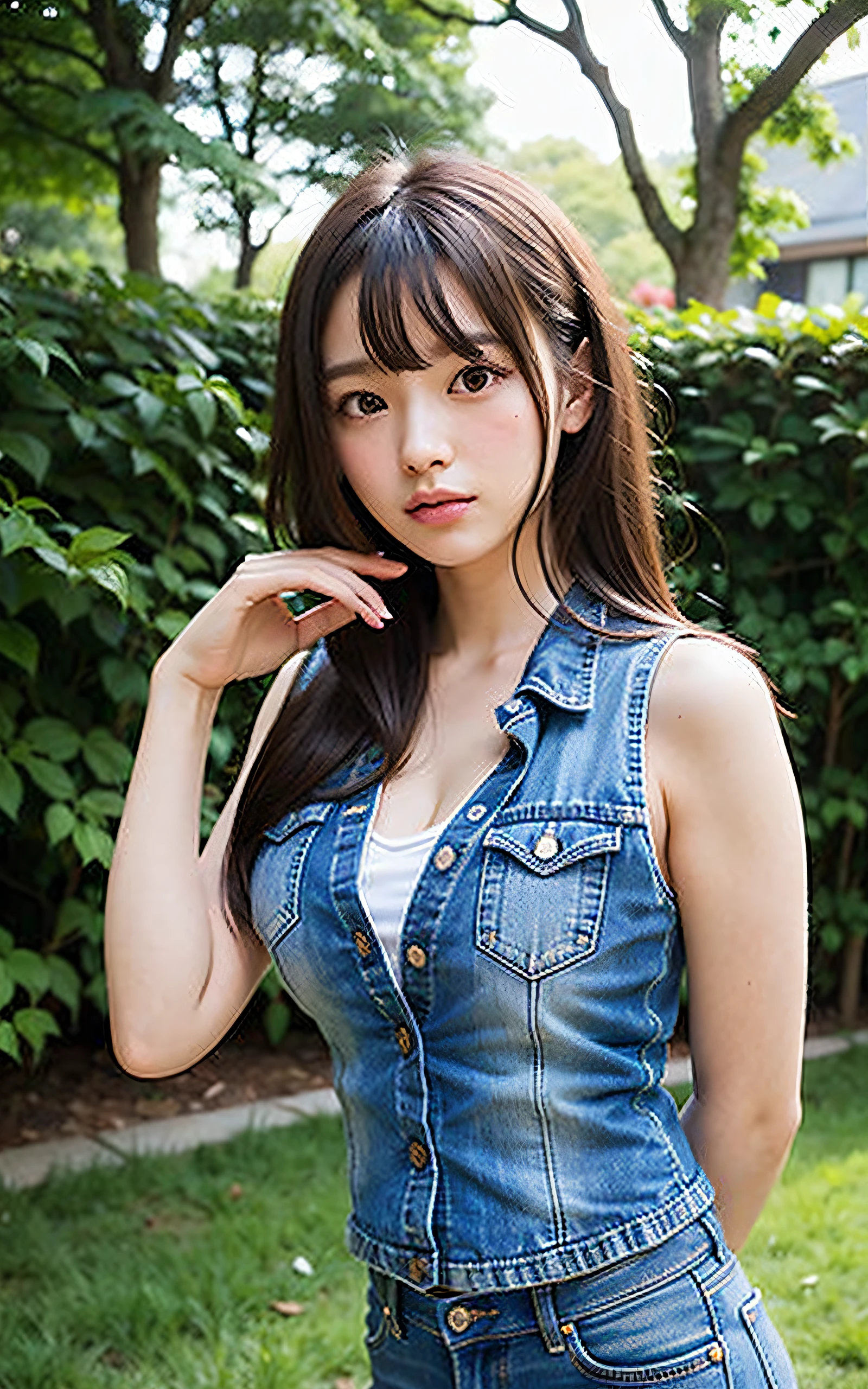 (Photo Real:1.4), (hyper realisitic:1.4), (realisitic:1.3), (Smooth lighting:1.05), Professional Lighting, 1girl in, Neat and clean beauty, 16 years old. lovely, Cute, Girly, Enduring Sorrow, Cardigan, denim jeans, Warm light, Realistic lighting. Back lighting, (Improved image quality:1.4). (Finest Real Textured Skins). finely eye. Small face of thin daughter. mideum breasts. Pointed jaws. close up of face. Korean Idol, Gravure Idol Pose (Bodyline mood improvement:1.1). Highly detailed face and skin texture, Detailed eyes, Double eyelid, glowy skin, Nogizaka Idol, outdoors, home garden