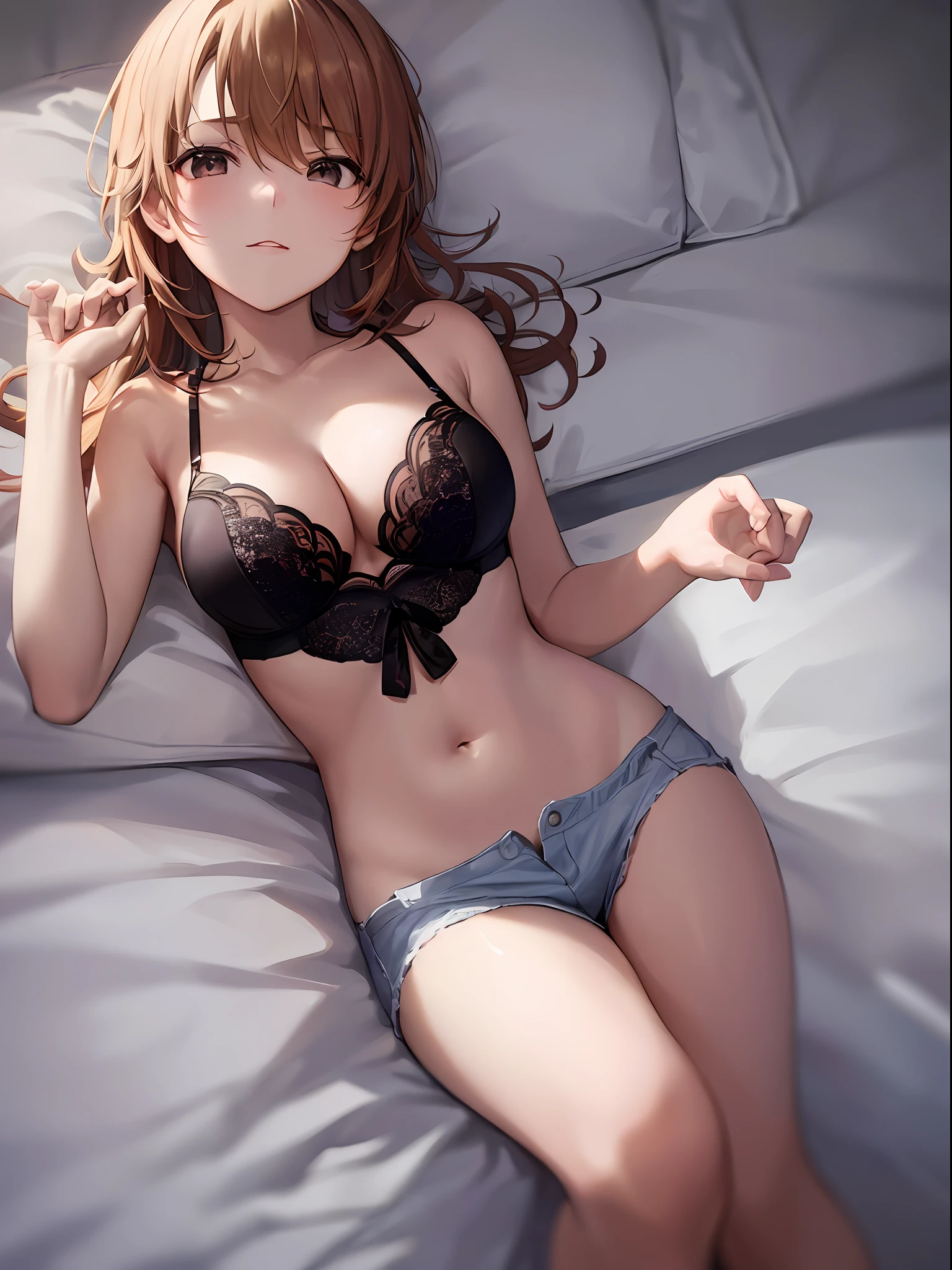(Top Quality, 8K, masuterpiece: 1.3)), Beauty, (1 girl:1.3), (solo:1.3), Beautiful: 1.3, A slender : 1.1, Beautiful lighting, Blue shorts, (Bra), (cleavage), Looking at Viewer, (lying on the bed),(Iroha Isshiki:1.3)