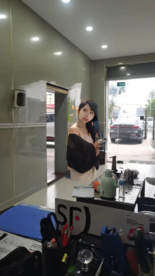 There is a beautiful woman standing playing with her phone