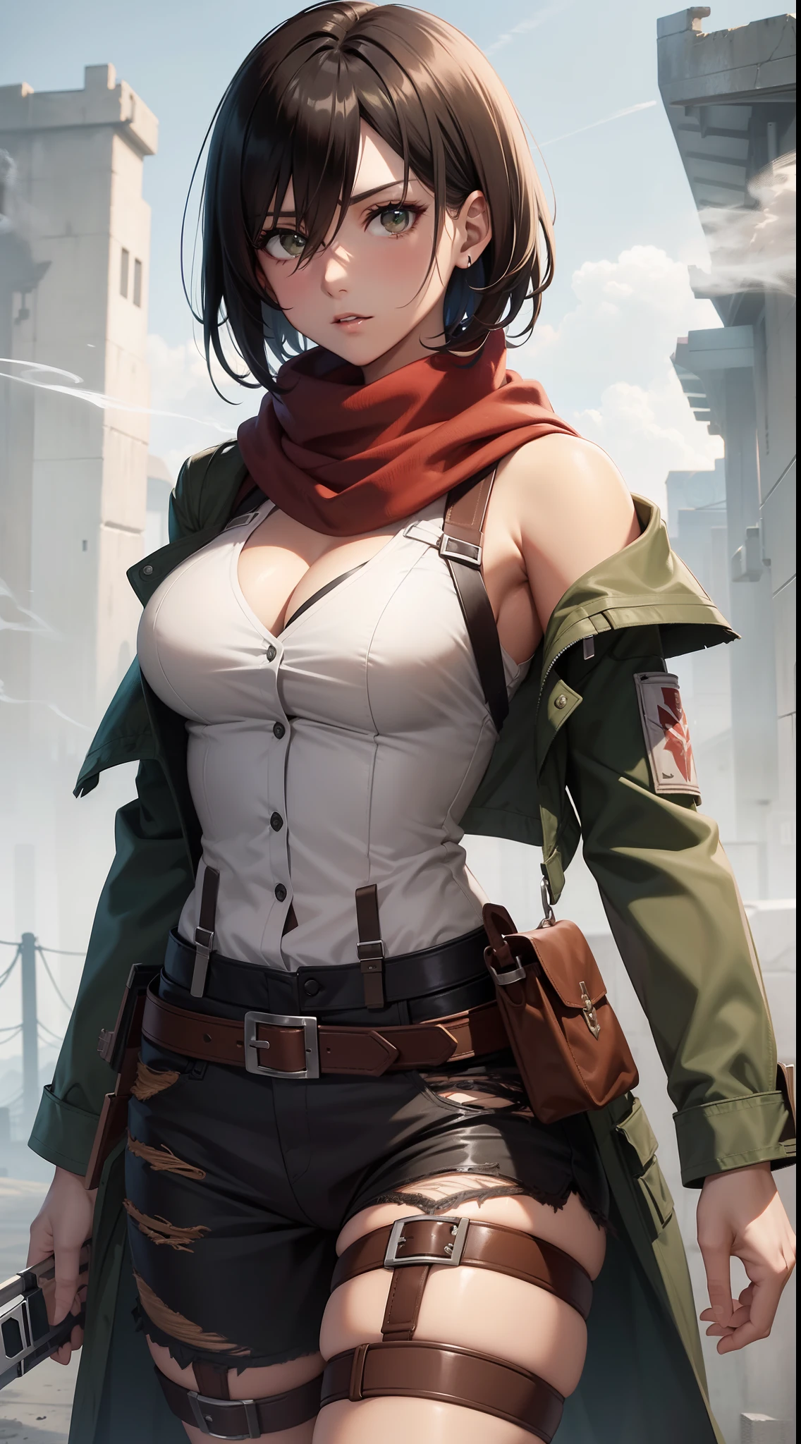 aot style, shingeki no kyojin,
mikasa ackerman,cleavage,Off-the-shoulder attire
1girl, arm strap, bangs, black hair, black pants, breasts, cowboy shot, embers, green eyes, grey background, hair between eyes, harness, long sleeves, looking at viewer, medium breasts, pants, red scarf, scarf, shirt, short hair, smoke, solo, thigh strap, brown jacket, white shirt, survey corps \(emblem\)
, ((masterpiece)), best quality
,