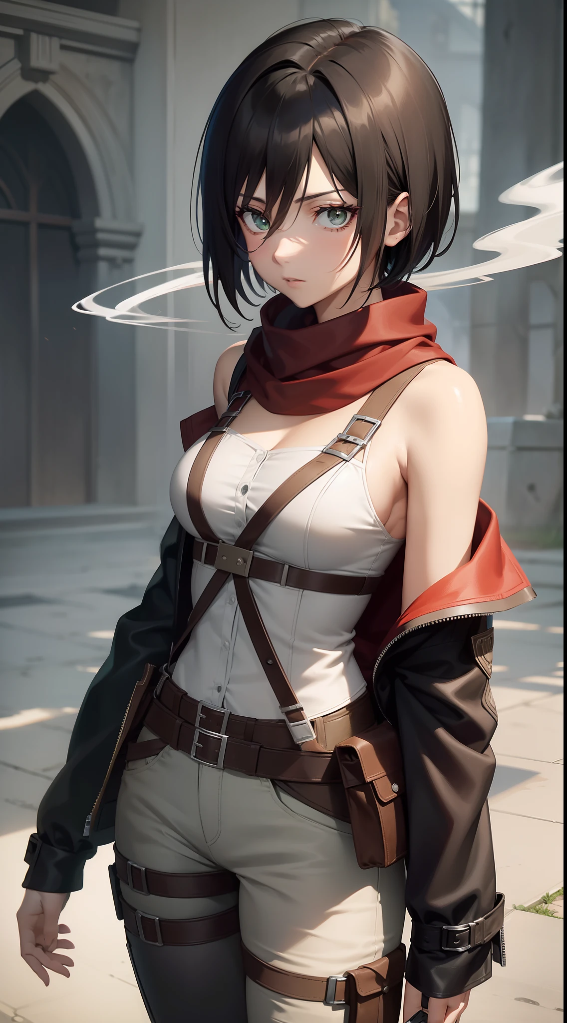 aot style, shingeki no kyojin,
mikasa ackerman,cleavage,Off-the-shoulder attire
1girl, arm strap, bangs, black hair, black pants, breasts, cowboy shot, embers, green eyes, grey background, hair between eyes, harness, long sleeves, looking at viewer, medium breasts, pants, red scarf, scarf, shirt, short hair, smoke, solo, thigh strap, brown jacket, white shirt, survey corps \(emblem\)
, ((masterpiece)), best quality
,
