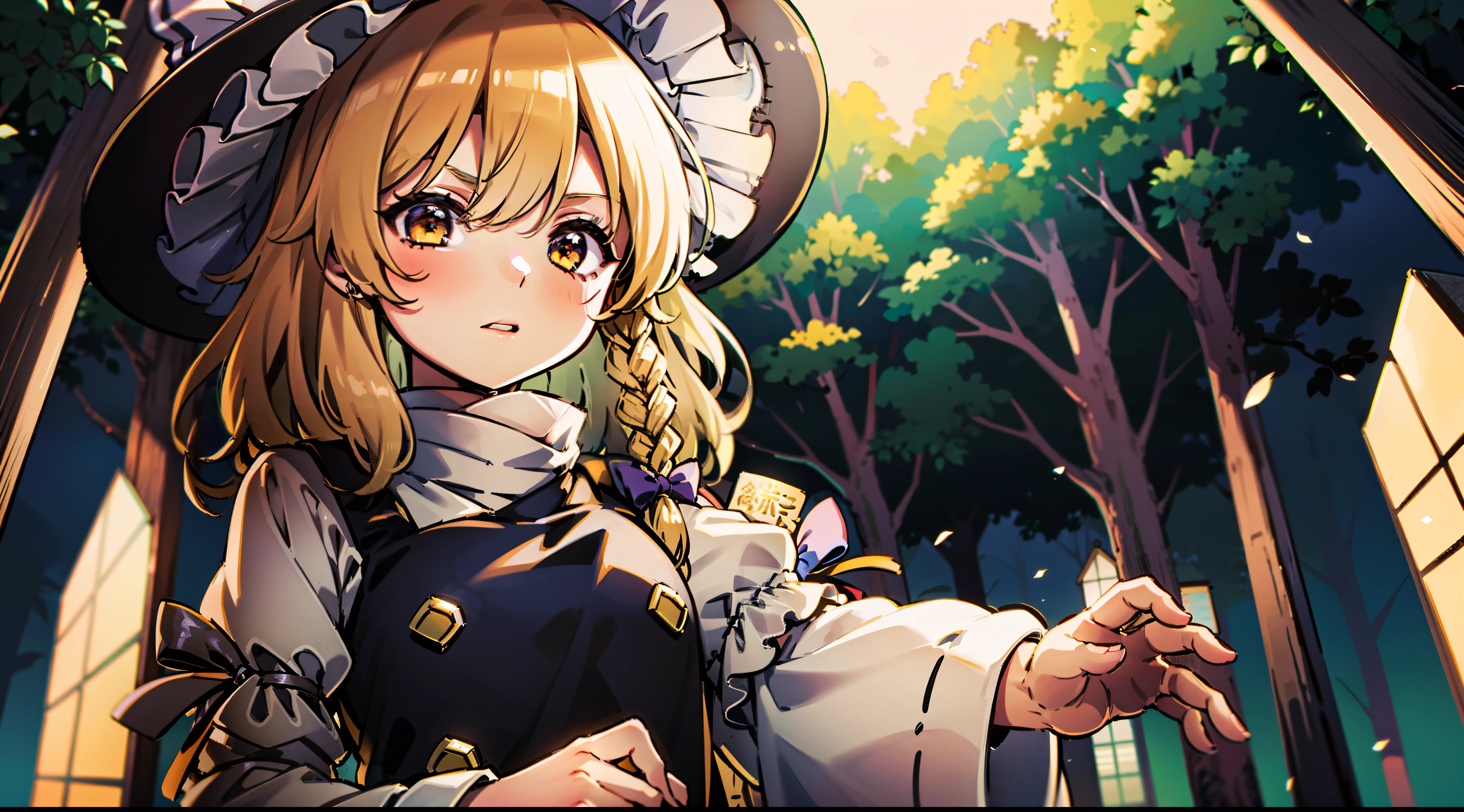 Japanese anime wallpaper 8K，wide angles，Golden ratio composition，（touhou project），an enchanted forest，（1girl），Magic makes，Kirisame Marisa，skin is soft and smooth，The light is relatively dark，reflective light，Soft lighting，Clear facial features，The hands are clear and correct，The costumes of the characters are clear and correct，The details are complete and clear