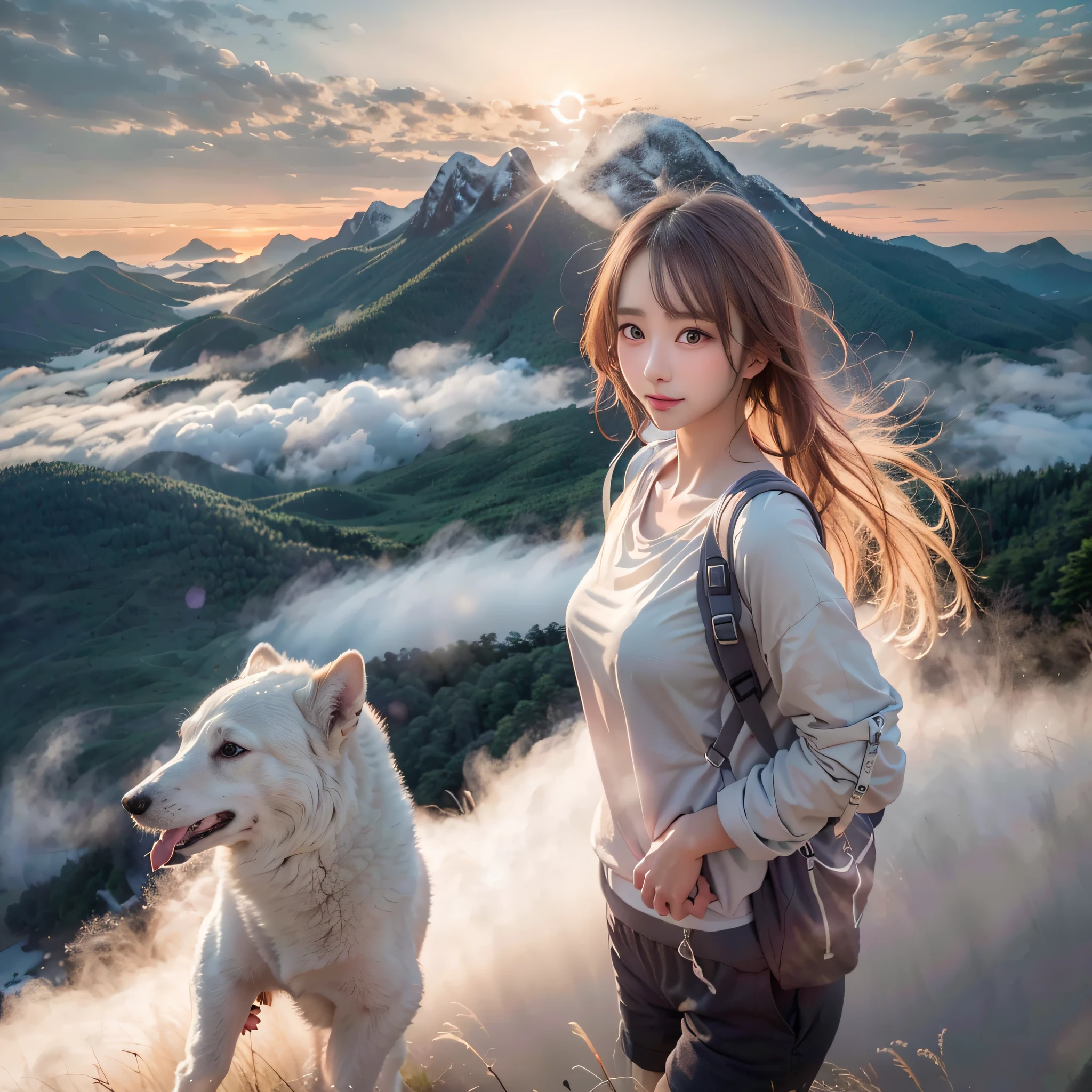 best quality, masterpiece, ultra high res, (photorealistic:1.3), RAW photo, (Naturescape photography), (Magnificent mountain, sea of clouds), (On a very high mountain peak), (Fantastical, sunset),
(1girl), (upper body), (20 year old), (Shy smile), (shiny skin), (Beautiful fece),
(white t-shirts), (Trekking shorts), (backpack),
(ultra delicate face), (ultra Beautiful fece), (ultra delicate eyes), (ultra detailed nose), (ultra detailed mouth), (ultra detailed arms), (ultra detailed body), Sony α7, 85mm Lens, f9.0