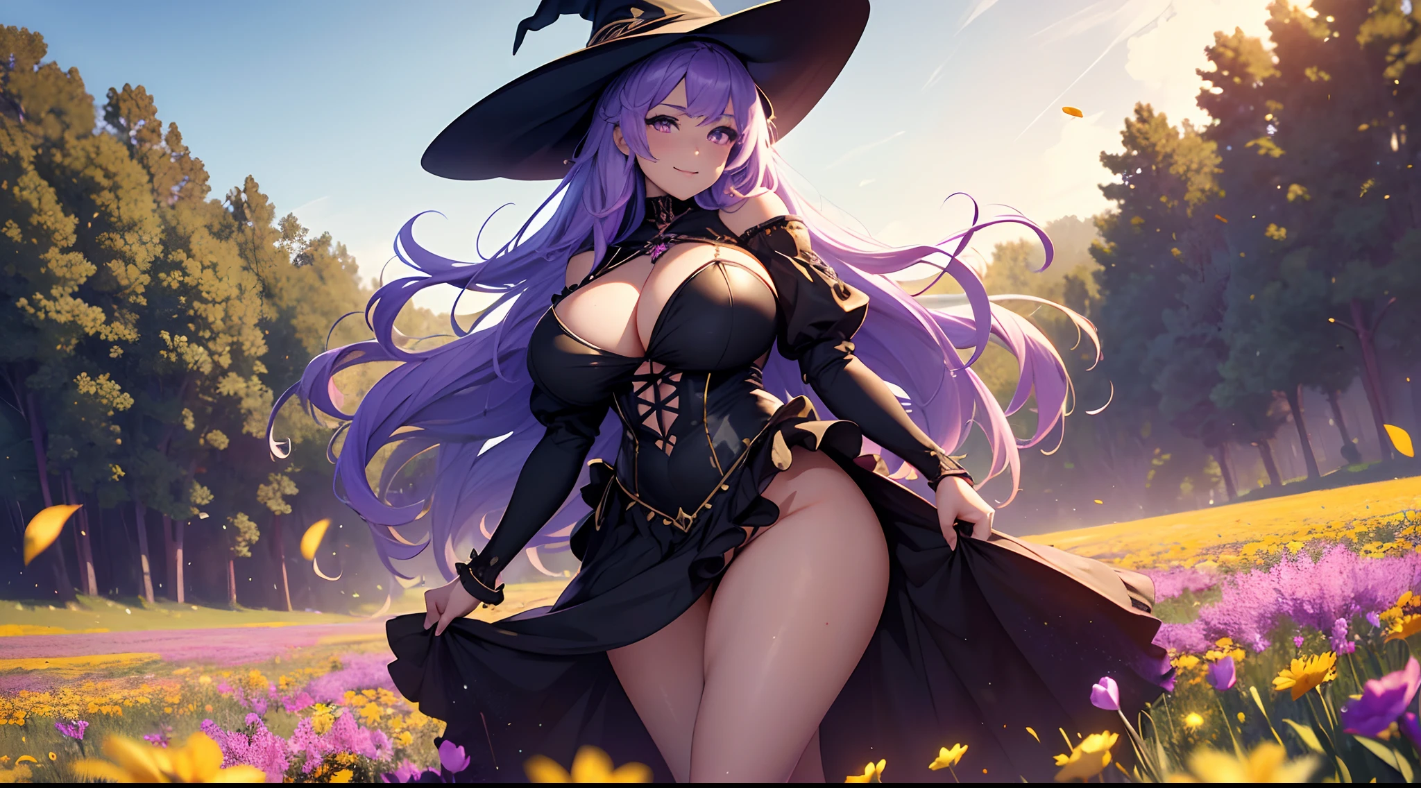 ((Masterpiece)), ((extreme details)),witch, bimbo body, witch in summer short dress of light fabric and semi transparent, dancing on a flowers field in a windy day, wind lift dress, looking at viewer, loving smile, golden ring, curvy body, purple hair, long straight hair, magenta eyes, sexy figure, massive huge breast, juicy round ass, moite, wet, Field of flowers as far as the eye can see, ((High Details)), ((Best quality)), 8k, realism, Ray Tracing, reflection light, textured skin, Rendu CG3D, lighting cinematic,