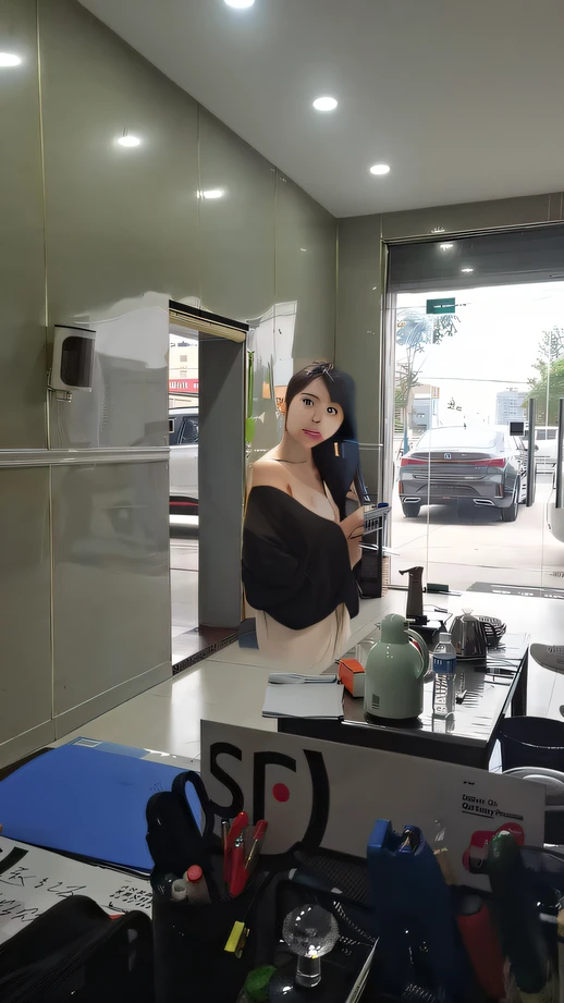 There is a beautiful woman standing playing with her phone