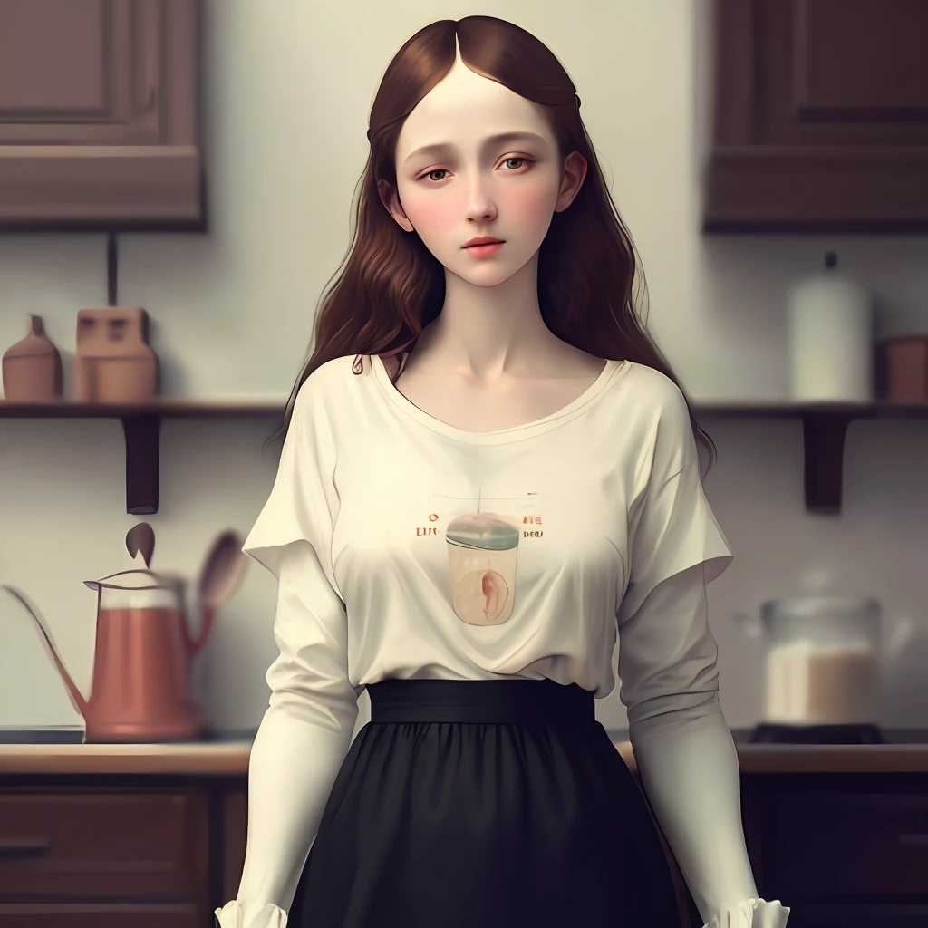 solo,  stand in the kitchen,  a girl, milk falls on the chest area of the shirt,  (delicate illustration:1.4), (renaissance art:1.4),  (masterpiece:1.0), (best quality:1.4), (ultra highres:1.2), (photorealistic:1.4), (8k, RAW photo:1.2), (soft focus:1.4), (18yo:1.3), (sharp focus:1.4), detailed beautiful face