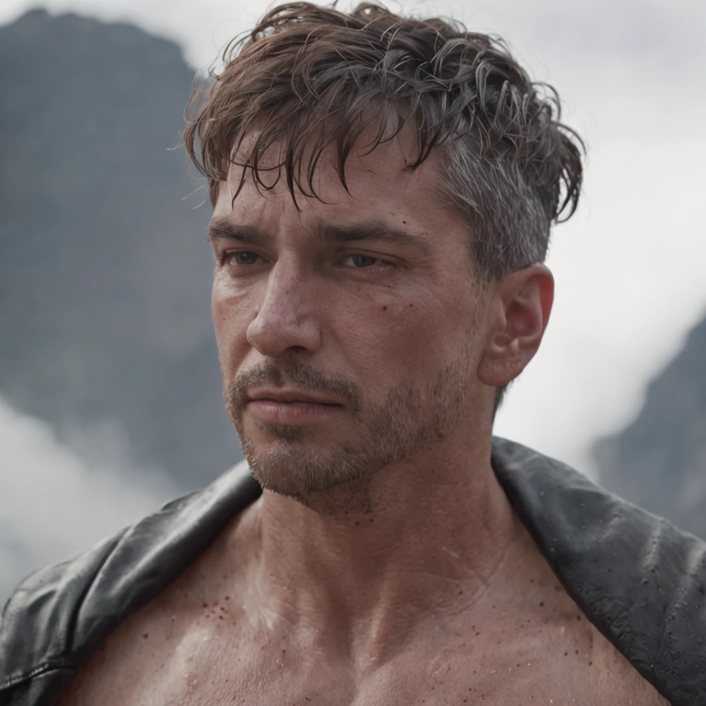 (Professional 3D rendering:1.3) de (Realistic:1.3) Foto de arte mais bonita do mundo,Features soft, bright male heroes, ((Epic hero fantasy rough muscular man wet hero angry look short wavy hair 2b, Short beard and fierce expression in dynamic pose, fantastic location, majestoso ambiente desordenado)), corpo inteiro 8k unidade render, action shot, poros da pele, very dark lighting, sombreamento pesado, circunstanciado, cyberpunk, blade runner , futurista Rosto detalhado, (vibrante, fotogrdeia realista, Realistic, Dramatic, Escuro, foco nítido, 8k), (Old leather clothes damaged by bad weather:1.4), ((((Use peles)))), (intrincado:1.4), decadente, (altamente detalhado:1.4), pintura digital, rendering by octane, art stations, Conceito-Arte, liso, foco nítido, illustration, germe da arte, (Loish:0.23), Wlop Ilya Kuvshinov, e Greg Rutkowski e Alphonse Mucha Gracias, (global ilumination, studiolight, Light Volumetric), chuva forte, floating particles, patife, fantasia, Onze, corpo inteiroesbian, ((Fundo escuro e antigo da cidade:1.3)),CGSesociedade,art stations