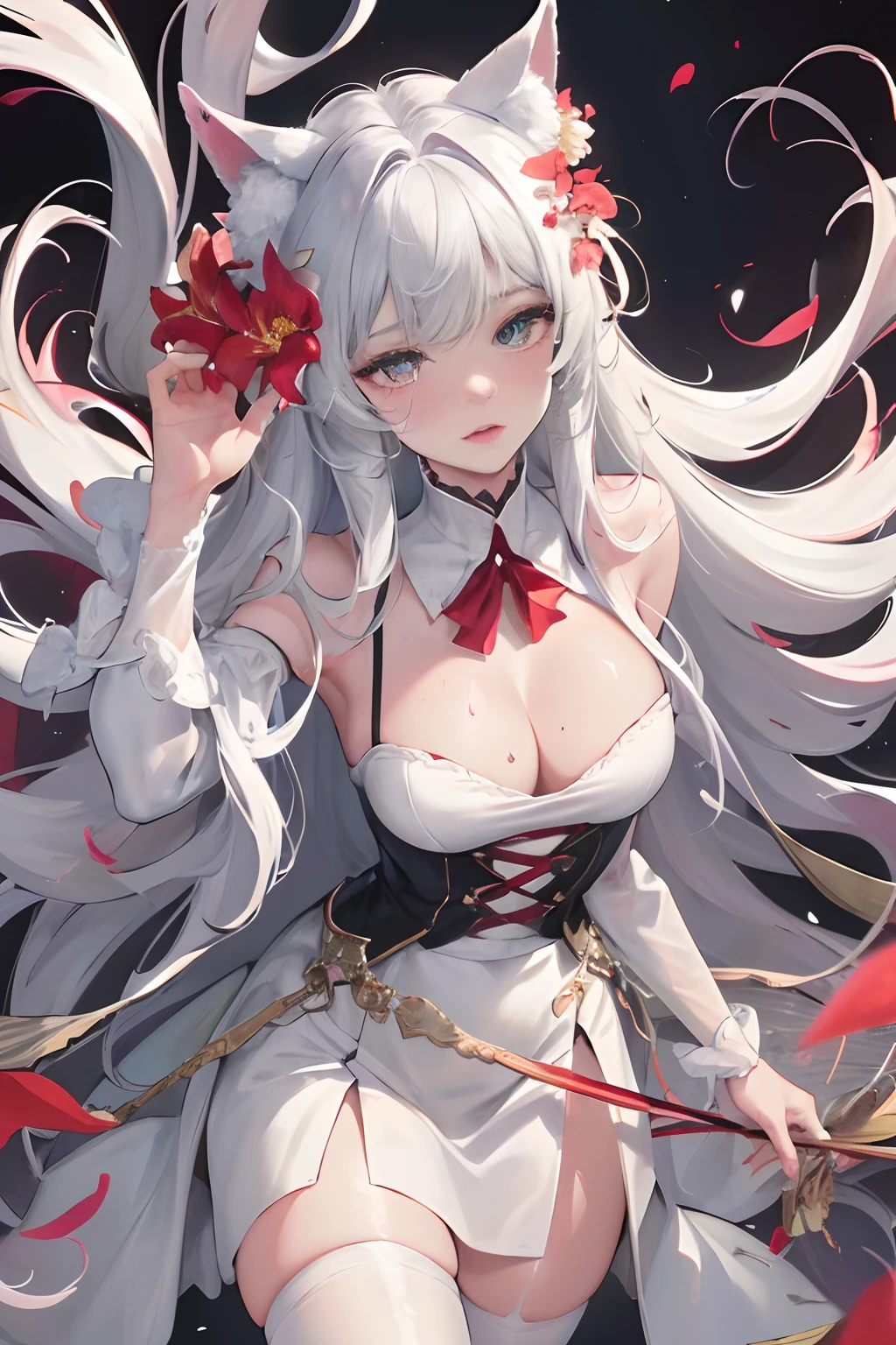 with long coiled hair, flowers in head, Cat ears, Bright pupils, Blush, (Monet:1), anaglyph, Fuji colors, outside border, Top-down view, hyper HD, Masterpiece, ccurate, Textured skin, 4K, Best quality, A high resolution, High quality, hyper HD, Masterpiece, Textured skin, A high resolution, Best quality, High quality, 4K,Exquisite facial features,Rich colors,Superskirt,Raised sexy,semi transparent,sweat leggs,dual horsetail,silvery white hair,Red pupils,Bow knot,(Wolf tail:1),Exquisite facial features,Dynamic,amaryllis,Yarn,lie