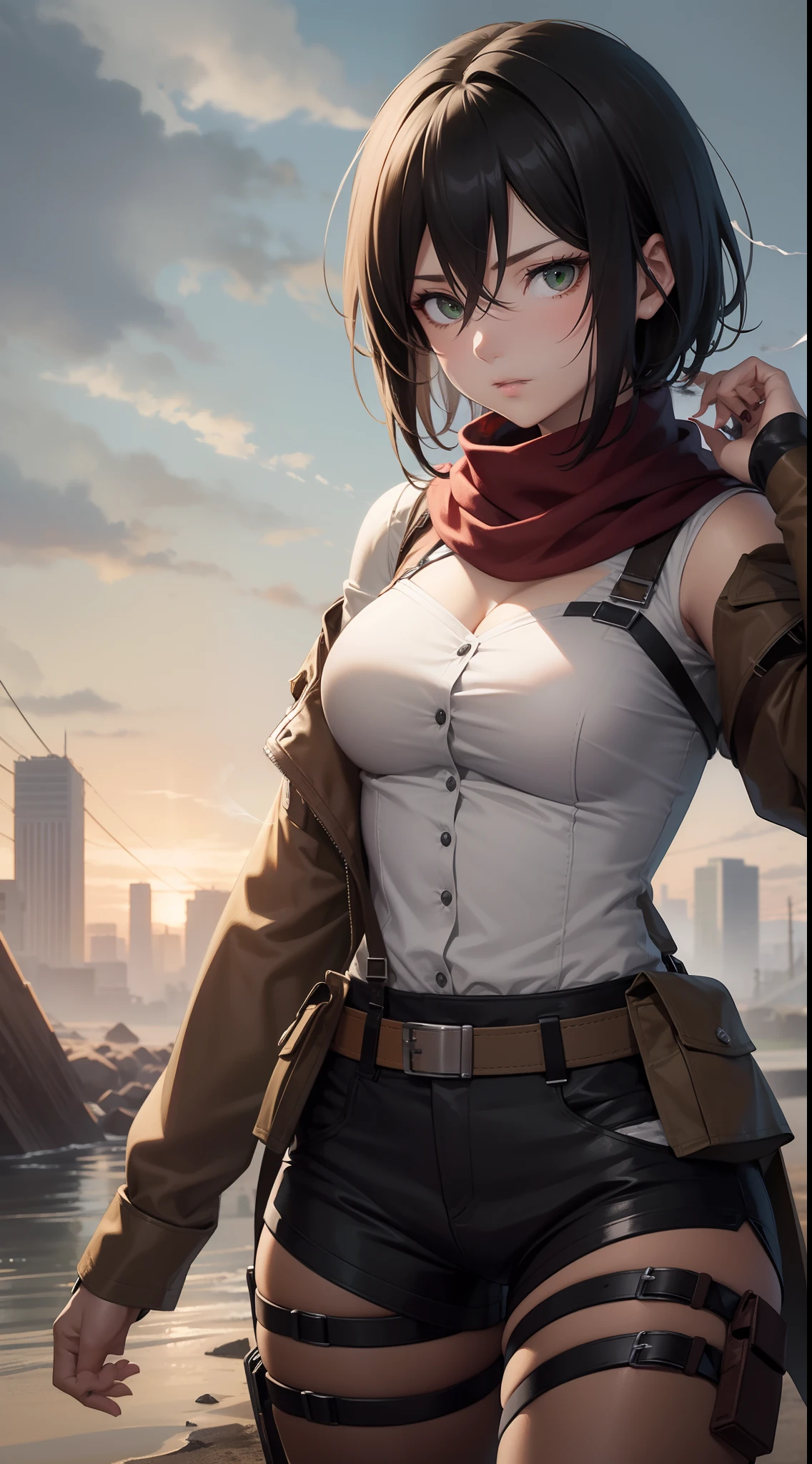 aot style, shingeki no kyojin,
mikasa ackerman,cleavage,Off-the-shoulder attire
1girl, arm strap, bangs, black hair, black pants, breasts, cowboy shot, embers, green eyes, grey background, hair between eyes, harness, long sleeves, looking at viewer, medium breasts, pants, red scarf, scarf, shirt, short hair, smoke, solo, thigh strap, brown jacket, white shirt, survey corps \(emblem\)
, ((masterpiece)), best quality
,