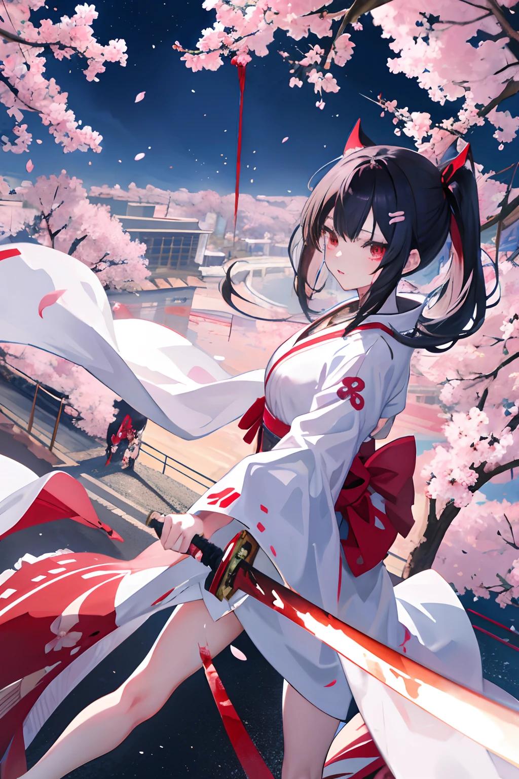 2girls、nightcity、Weapons with blood on them、Great body、Great legs、White kimono black hair with blood on it、Sword、Holding a weapon with blood on it、Cherry blossoms are dancing、poneyTail、Ordinary girl、The actions of two people who fight、Anime girl walking down the street of the city with blood on her face, anime style 4 k,4k anime wallpaper, anime art wallpaper 4k, anime art wallpaper 4k, best anime 4k konachan wallpaper, Anime Art, anime wallpaper 4 k