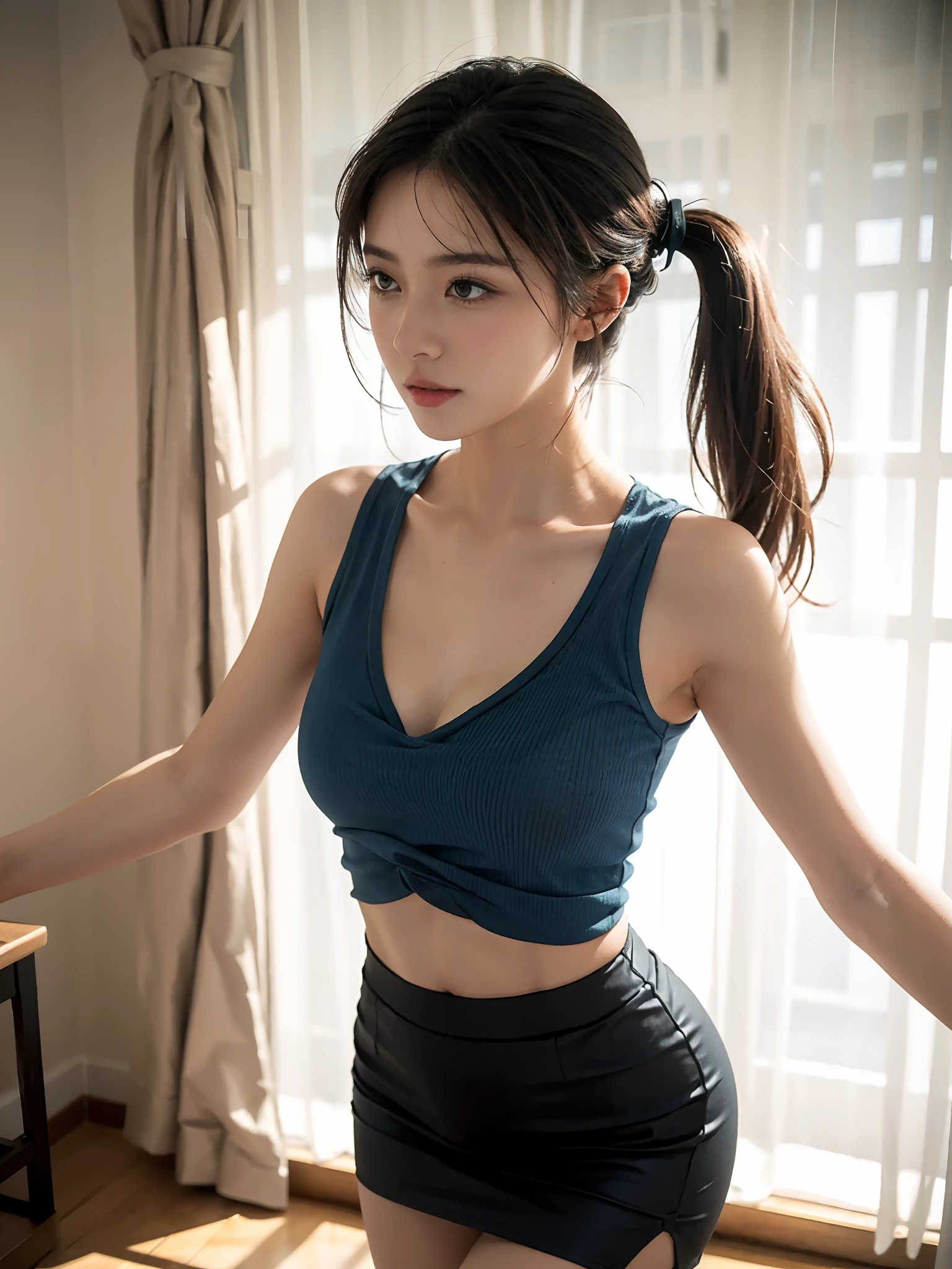 ((smallunderboob,Tomboyish,small heads)), (Well-defined abs: 1.1), (perfect bodies: 1.1), (Long straight hair: 1.2), Black hair, pony tails，upper body photos, attractive collarbone，nabel，（极其细致的CG 8k壁纸），（Extremely refined and beautiful），（tmasterpiece），（best qualtiy：1.0），（超A high resolution：1.0），beautiful light up，Perfect lightning，realistic shaded，[A high resolution]，Smooth and flawless fair skin，ultra - detailed ，Teal yoga vest，cleavage，a black pleated skirt，Elongated legs，Bigchest，big breasts thin waist，big assa，Slim，emaciated，In the spacious and bright dance studio，brightened light