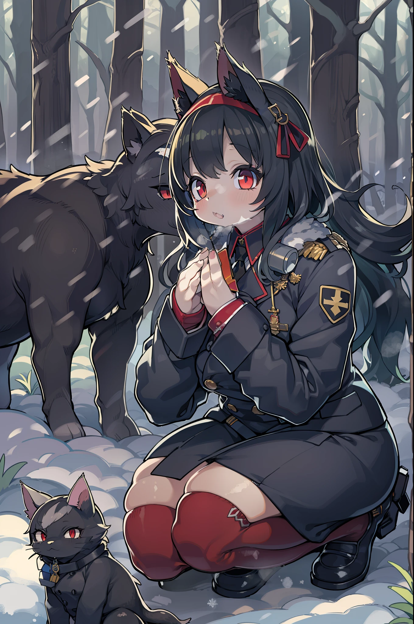 snowy forest, Black hair, Cat ears, Cat Girl, Red Eyes, Kneeling, Nazi officer uniform, Nazi, Germany, Black Officer Uniform,huge-breasted、Dillinger