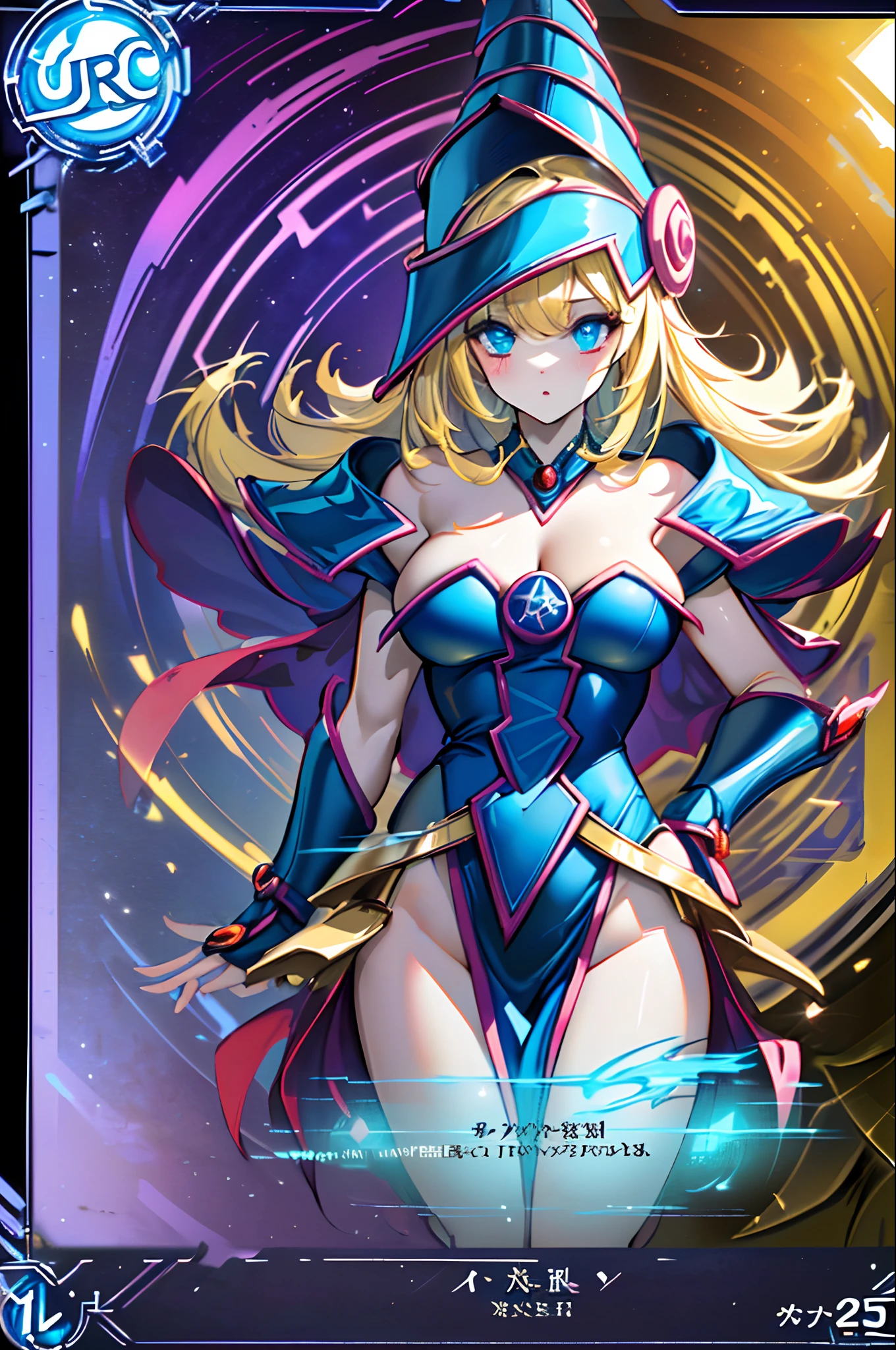 A dark magician girl floating cutely, magical aura, fantasy background, glowing rune, (( a Yu-Gi-Oh card underneath her)), giving a vibe that she was summoned,epic composition, (complex details), (complex design, ultra-details :1.2), Art Station, (Masterpiece, Best Quality), Ultra HD, 32k ,octane render, bioluminescent,8K resolution concept art, realism,by Mappa studios,masterpiece,best quality,official art,illustration,ligne claire,(cool_color),perfect composition,absurdres, fantasy,( below her is a Yu-Gi-Oh card), diagram