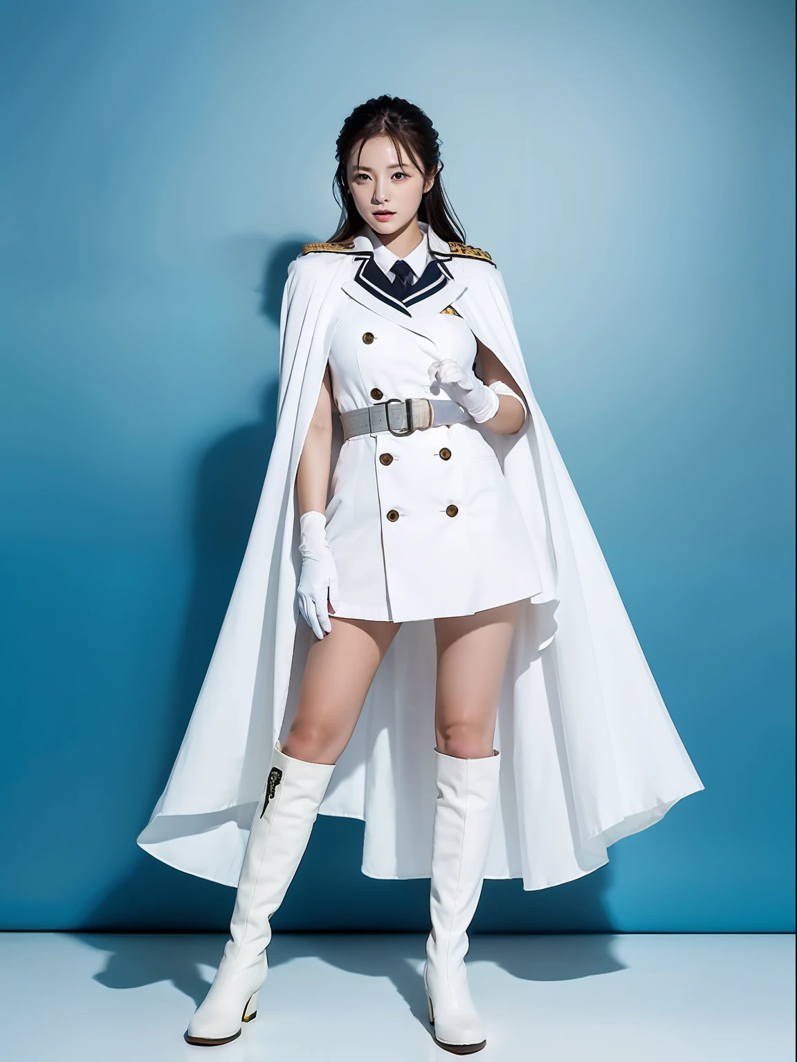 Nature Guardian Typhoon woman wearing typhoon symbol uniform，White cloak, Long white gloves on his hands, Wear white knee-length boots on her feet, Stand in the middle of a typhoon，Release energy to photograph the whole body