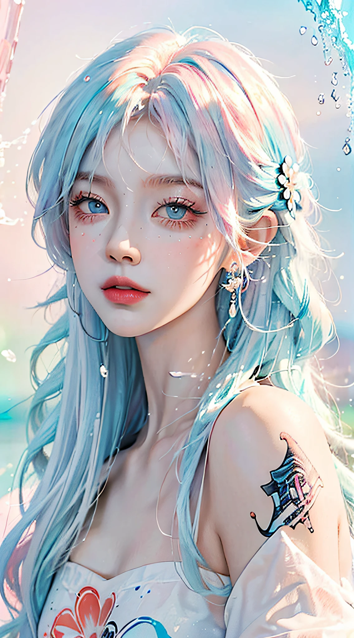 (Masterpiece, Best Quality, High Resolution), White Background, Acrylic Paint, ((Color Splash, Splash of Ink, Color Splash)), Sweet Chinese Girl, Long Light Blue Hair, [Light Blue|Pink] Hair, Curly Hair, Glitter, Peach Lips, White Shirt, Front, Upper Body