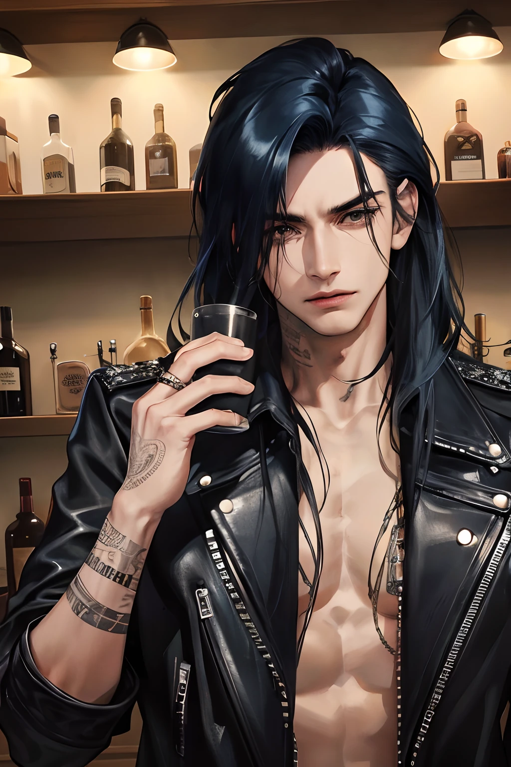 photography of a heavy metal star, a solo man, 25 years old, singer, bad boy, (black eyes), expressive look, long dark blue black hair, (bar on background), straight hair, blueshine hair, unshaven, black leather jacket, leather pants, chest tattoo, super detailed face, perfect body, perfect shapes, realistic image, award winning photography, 8k,