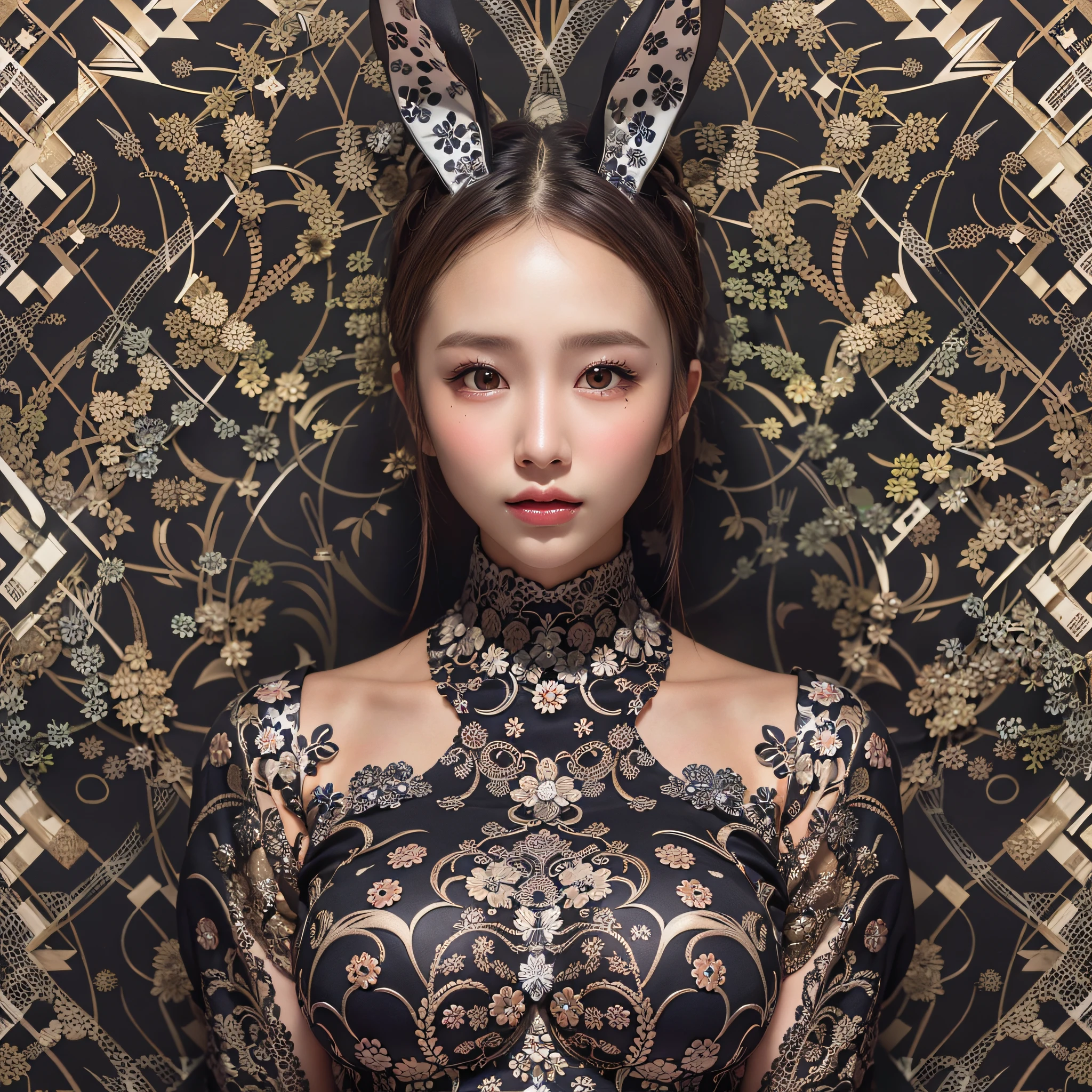 (Background, symmetrical, Compositions with colorful geometric arabesque patterns):1.3, (high shadows detail), (hair bun, single braid, dark brown hair),  best quality, masterpiece, ultra high res, (photorealistic:1.1), RAW photo, (1woman:1.3, solo), (asian girl, ultra delicate face, ultra delicate eyes, ultra detailed nose, ultra detailed mouth, ultra detailed facial features), (black playboy bunny:1.3), (medium breast:1.3), from the front side, (shiny skin), lipgloss, Show cleavage