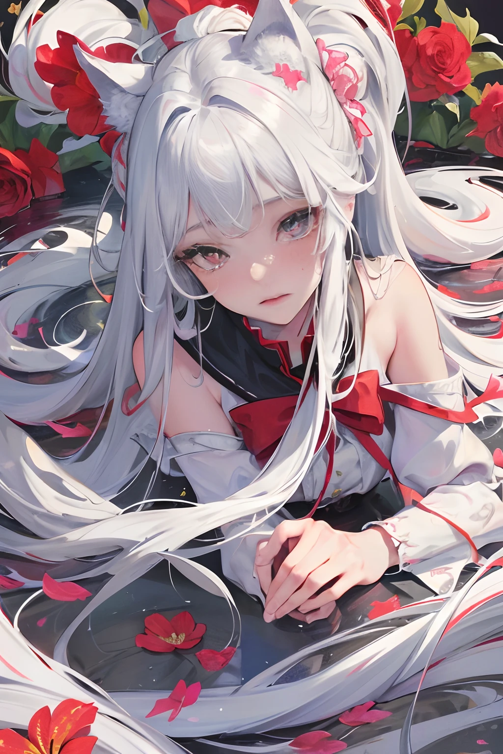 with long coiled hair, flowers in head, Cat ears, Bright pupils, Blush, (Monet:1), anaglyph, Fuji colors, outside border, Top-down view, hyper HD, Masterpiece, ccurate, Textured skin, 4K, Best quality, A high resolution, High quality, hyper HD, Masterpiece, Textured skin, A high resolution, Best quality, High quality, 4K,Exquisite facial features,Rich colors,Superskirt,semi transparent,sweat leggs,dual horsetail,silvery white hair,Red pupils,Bow knot,(Wolf tail:1),Exquisite facial features,Dynamic,amaryllis,Yarn,Lie down,Anime face