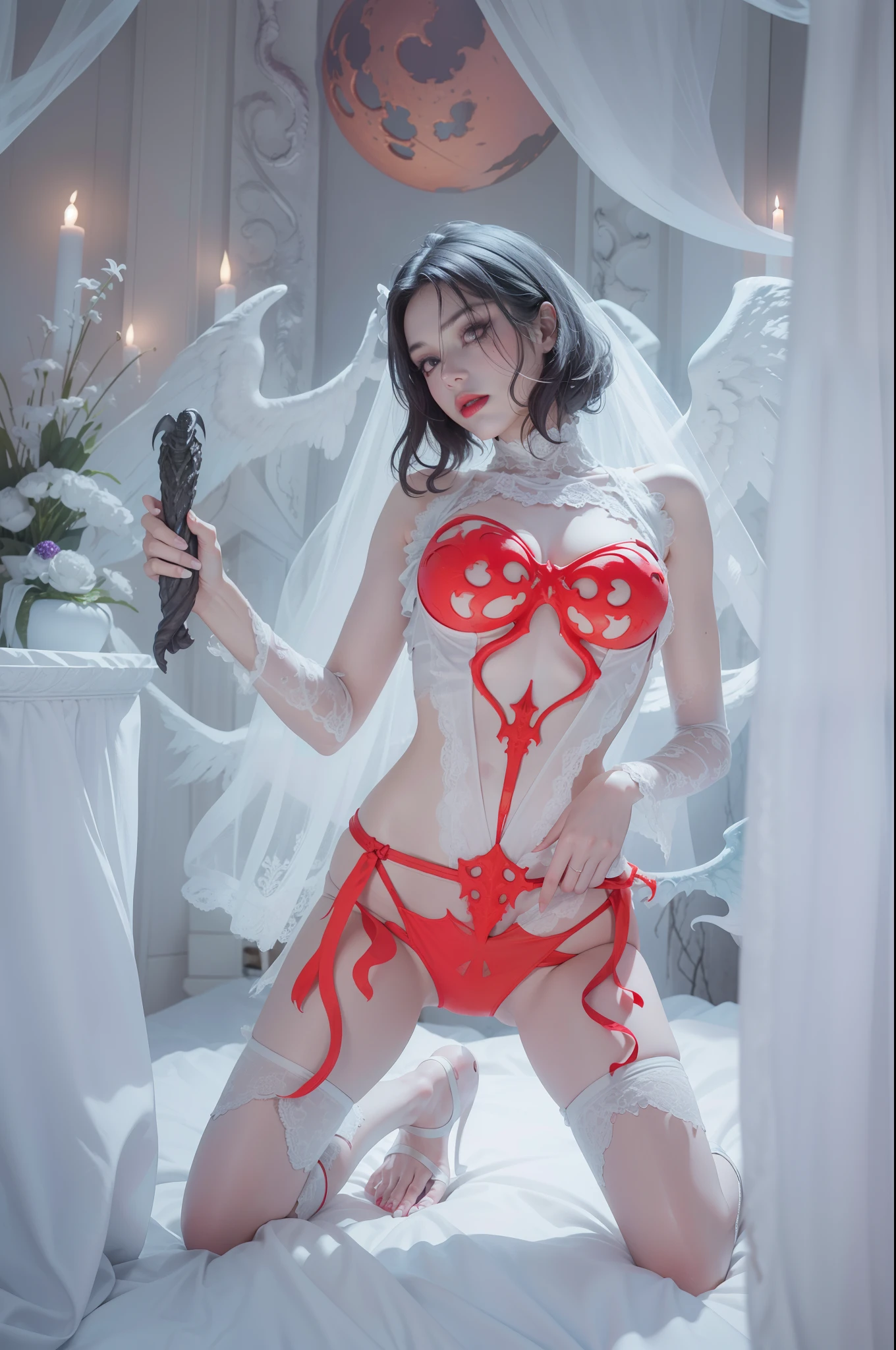Fine matte paint，Skeleton Dark Angel, Haunted castle with large wings, Fill the drawing table with a knife，terroral，uncanny，horrid，secret terror，tentaculata，grape trees，The eye，uncanny valley effect teeth，all  fours，Critters，Blood Moon，super high image quality，Sexy beauty，The picture quality is clear