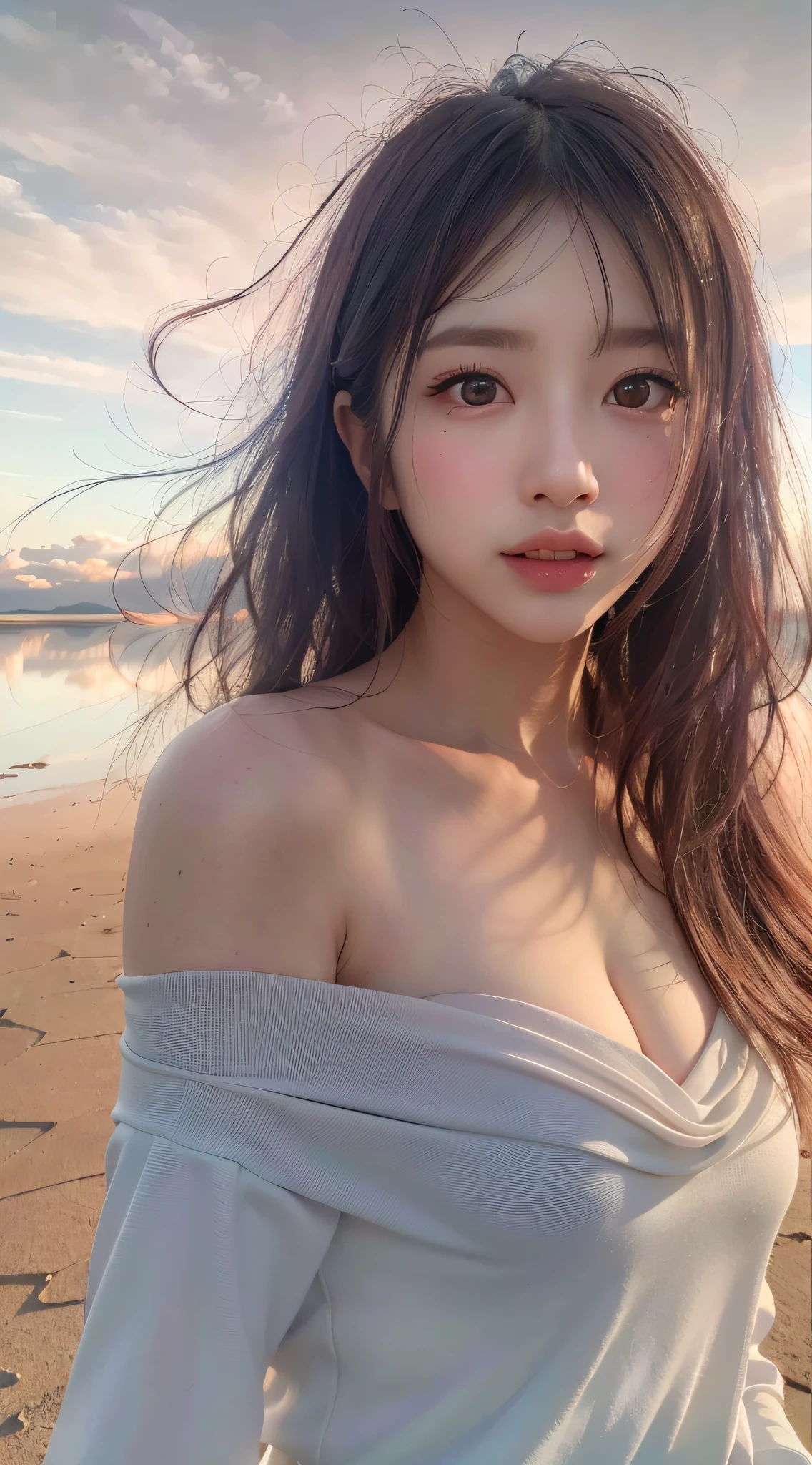 Highest quality、8k、32K、masterpiece,)Beautiful woman、Natural look、avert your eyes 、Wet hair、Sheer long dress with visible nipples and areola、Soft atmosphere、moment、No makeup、Photographed from the front、the sea is shining、evening,Sunset sky、Shooting from a distance、Take a walk on the sandy beach、Laughter（（Shining eyes））（（explain the eyes in detail））（（No makeup））