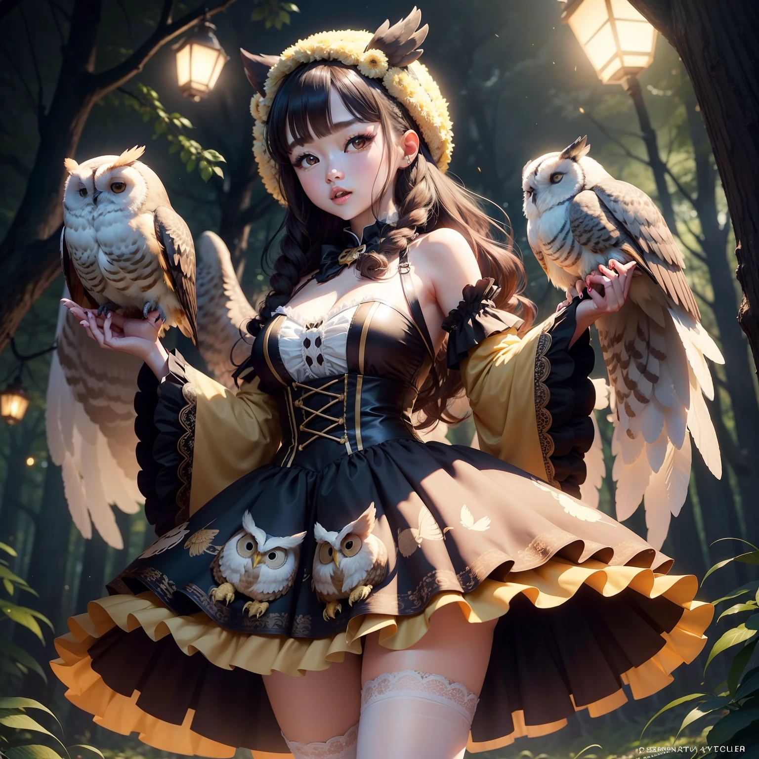 Female idol covered in owls（Cute costumes、）、Looks fun、full body Esbian、forest at night