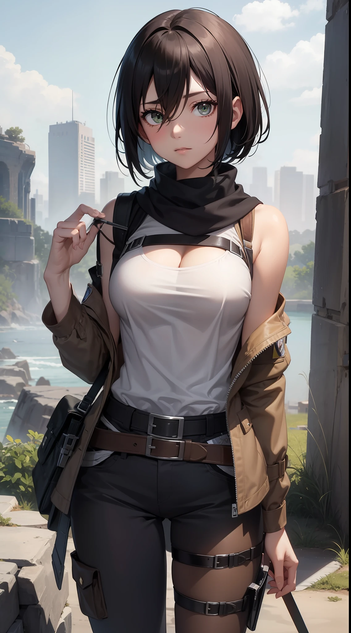 aot style, shingeki no kyojin,
mikasa ackerman,cleavage,Off-the-shoulder attire
1girl, arm strap, bangs, black hair, black pants, breasts, cowboy shot, embers, green eyes, grey background, hair between eyes, harness, long sleeves, looking at viewer, medium breasts, pants, red scarf, scarf, shirt, short hair, smoke, solo, thigh strap, brown jacket, white shirt, survey corps \(emblem\)
, ((masterpiece)), best quality
,