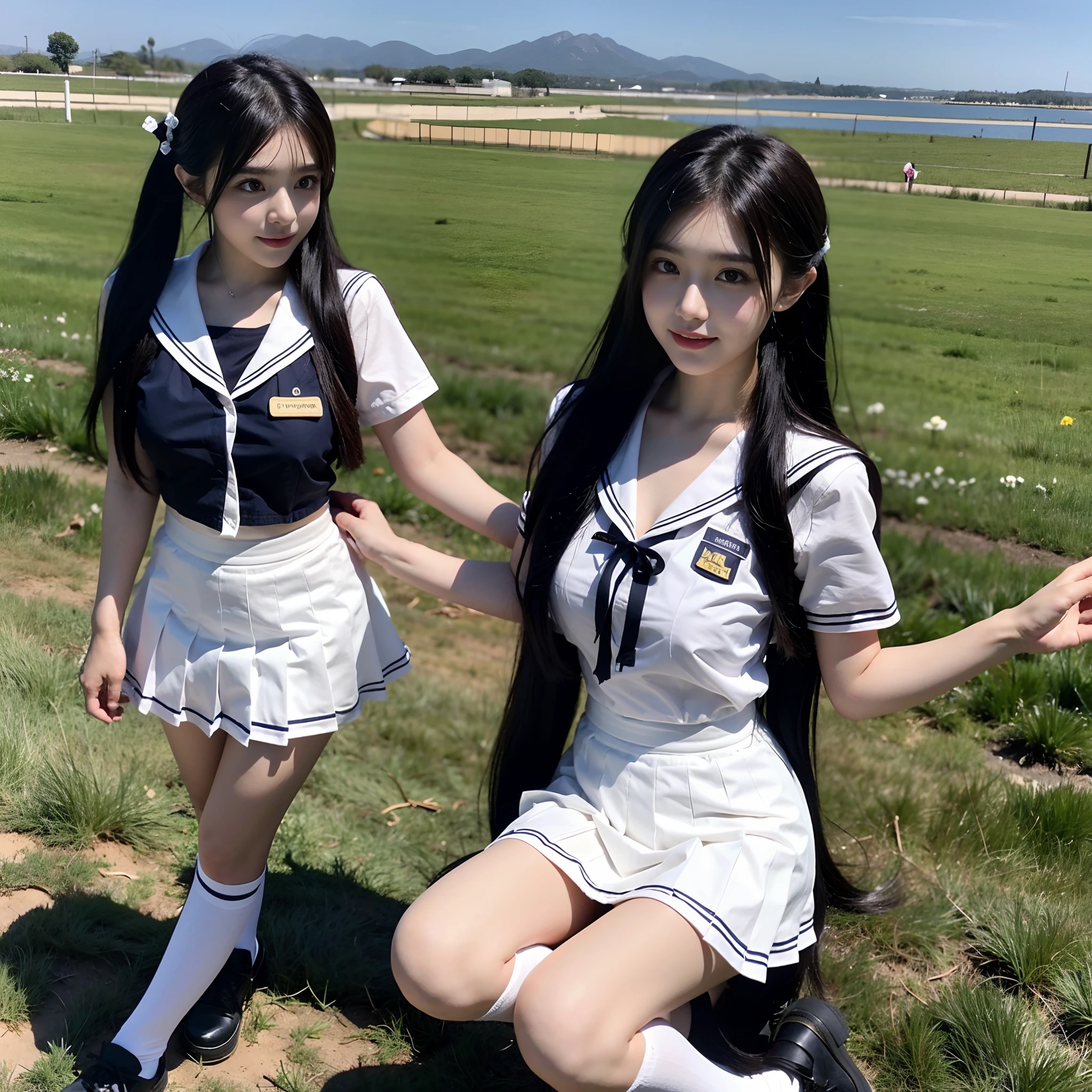 A woman in a sailor's suit walks in the meadows of the steppe, one-girl，Sailor uniform, Kantai collection style, Anime girl cosplay, cosplay foto, girl in uniform, seifuku, Wearing a Japanese school uniform, Japanese school uniform, female sailor uniforms, Anime girl in real life, azur lane style, sailor outfit, sailor uniformm, double tails ，White silk high socks，White stockings，full bodyesbian，Raised sexy，Plump breasts