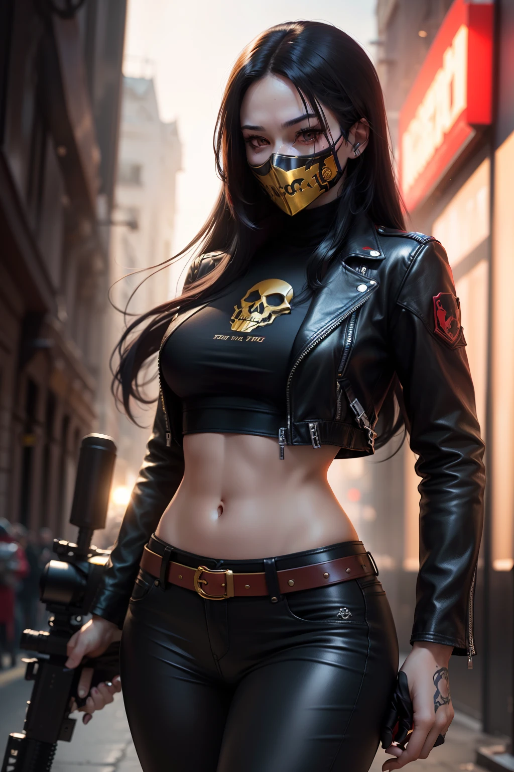 top Quority,tmasterpiece,Red and yellow poster cover,One wears(Gold skull mask detail《The mistake is complicated》),of a woman with long black hair,Wear leather jackets and leather pants,The figure is bumpy,holding sniper rifle