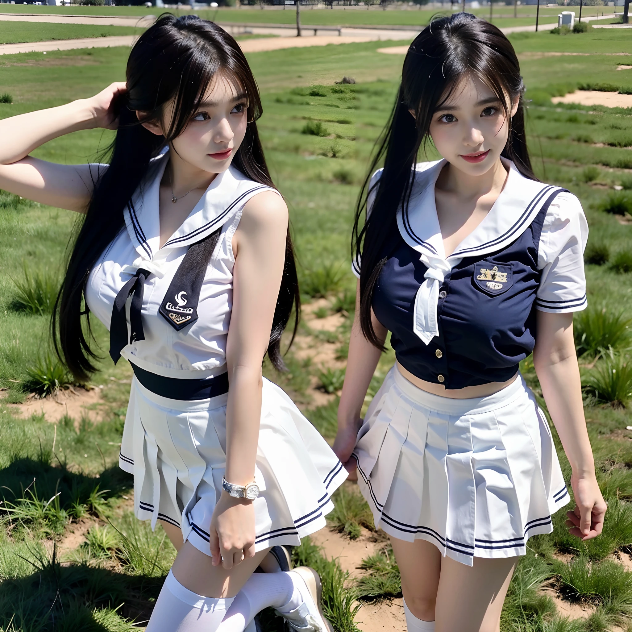 ulzzang-6500-v1.1, (top quality, masterpiece), (raw photo: 1.2), (photorealistic: 1.4), highest quality, master, very tasty and beautiful, highly detailed CG, 8k wallpaper, amazing fine details, master masterpiece, official art, huge file size, high resolution, 2-3 girls, ( snugly next to each other without separation between characters), (no break in one piece), teens to twenties, Japan, Nogizaka girl, (representation of the human body based on precise anatomy), intricate details, Japan schoolgirl uniform, (neat white blouse of smooth sheer fabric with ribbon ties), ( Ultra Mini Navy Blue tartan check pleated skirt), (everyone is wearing the same clothes), (tightly dressed), clothes are smooth and contractile, (less exposed upper body), (white panties), (fasten all buttons of blouse)), blonde, (((very large breasts)), (women with very large breasts), (very spread breasts), (cramped clothes), (no bra), (((only the area shows through the skin tone)), (pink areola), small prickles, (big buttocks), (thin thighs), very beautiful eyes, bright ultramarine eyes, (detailed pupils reflecting light), (the iris of the eye is painted in detail with a fine radial pattern), (the expression of the whites of the eyes is slightly dark), (the upper 30% of the eyes are shadowed), double eye covers,( Eyes and mouth half open and sleepless expression),No makeup, Nose low and wide, Natural eyebrows, realistic shading assuming a light source, Cute girl and beauty, (whitening skin), Baby face, Smile, Long hair half braid, ((Backward pose)), ((Looking back from the back),((Show off the buttocks)),((Facing straight back and not looking at us)),Snuggle, Cheeks together, Cross your arms like a lover,look at the other person, frame in from the thighs up, beautiful garden with flowers, clear sunshine,