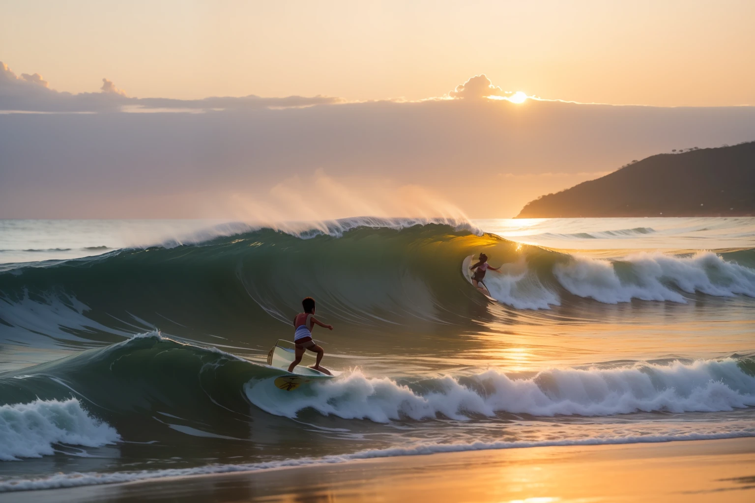 Date: 2015
Country: Costa Rica
Description: A teenager catches a wave on a serene beach at sunrise, the golden hues of the sky reflecting off the ocean's surface.