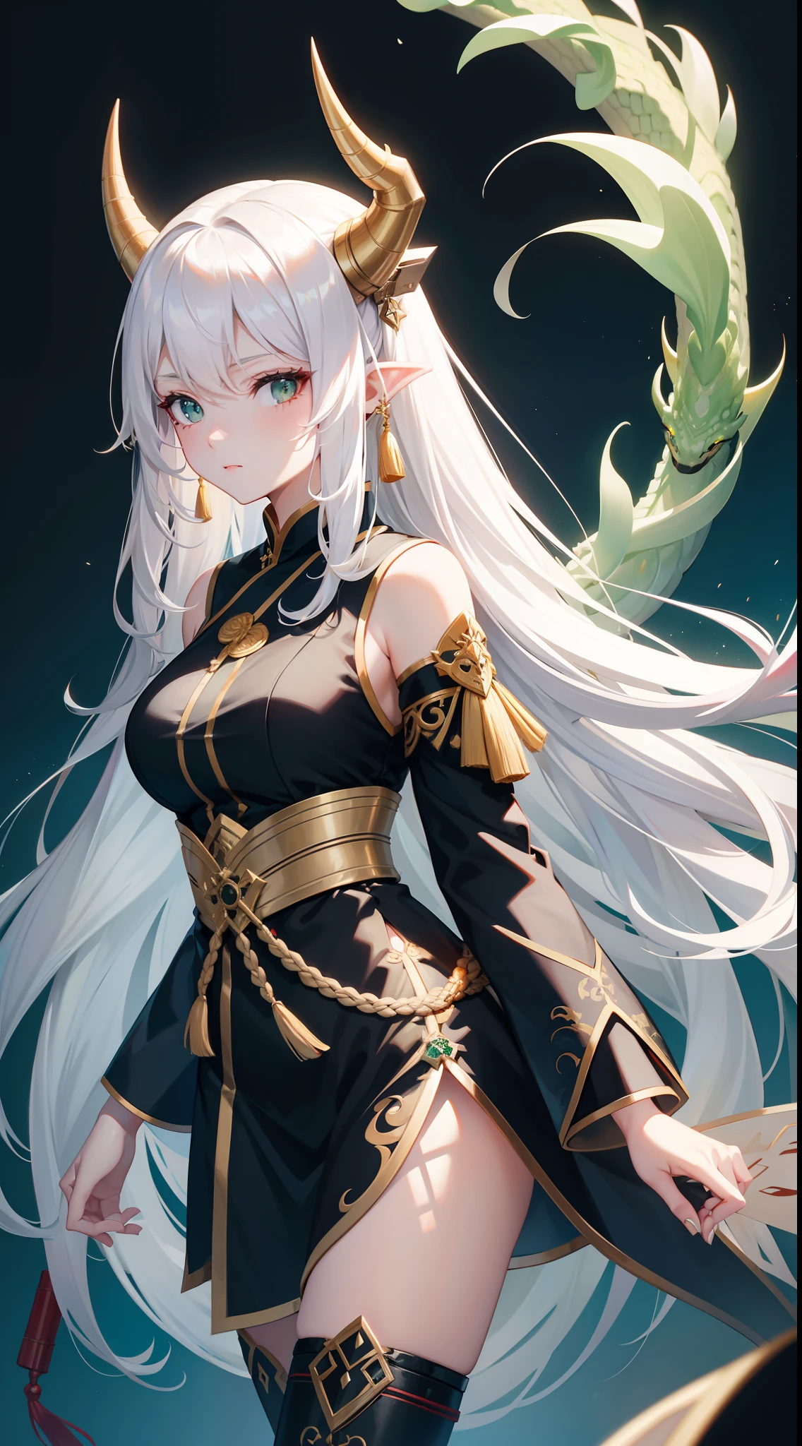 adult girl, Long white hair, Working with a horn, Green eyes, dragon tattoo, A cyborg, Hanfu, Masterpiece, hiquality